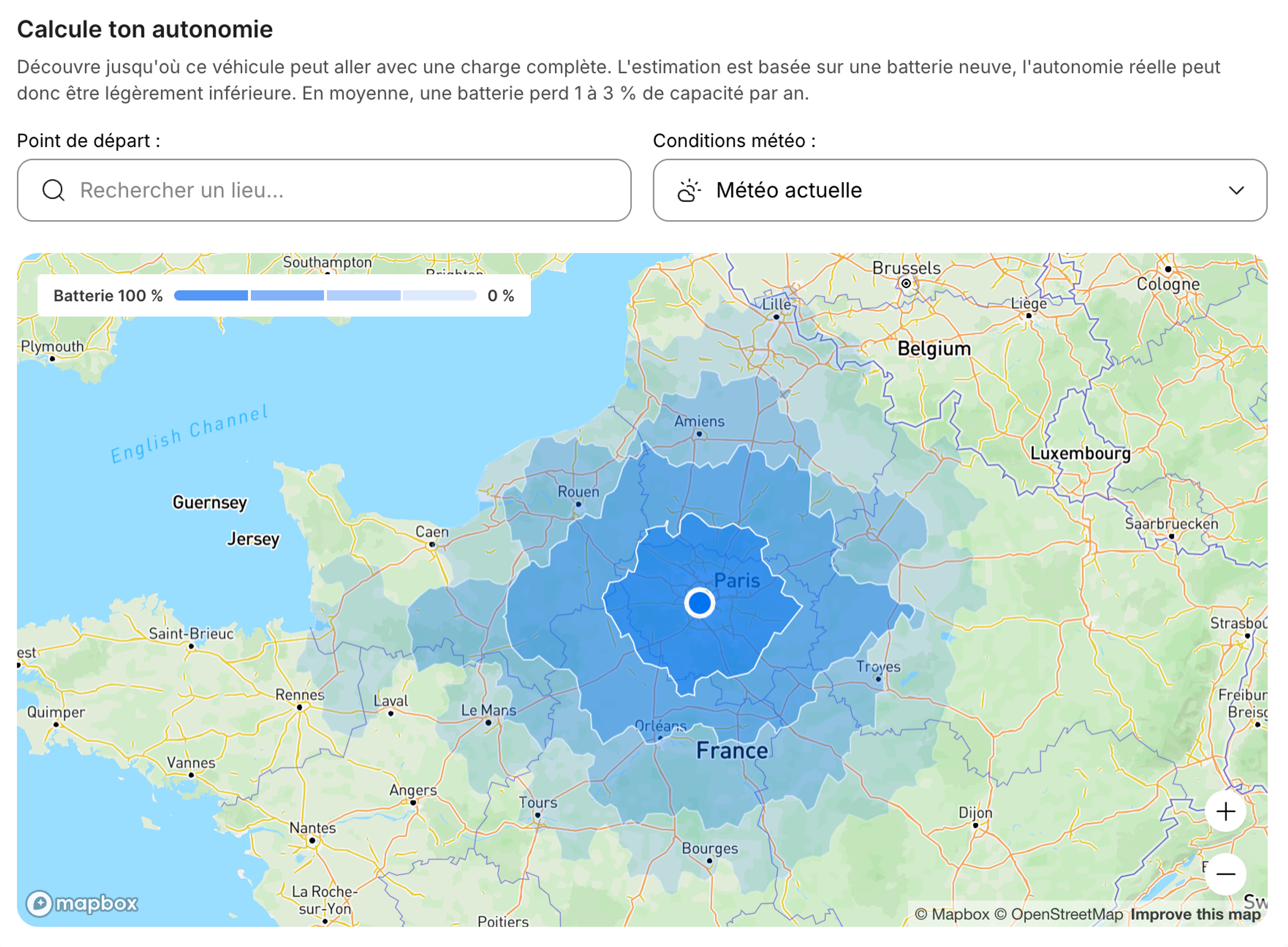Carte interactive de l’autonomie d’un VE affichant la distance estimée pouvant être parcourue.