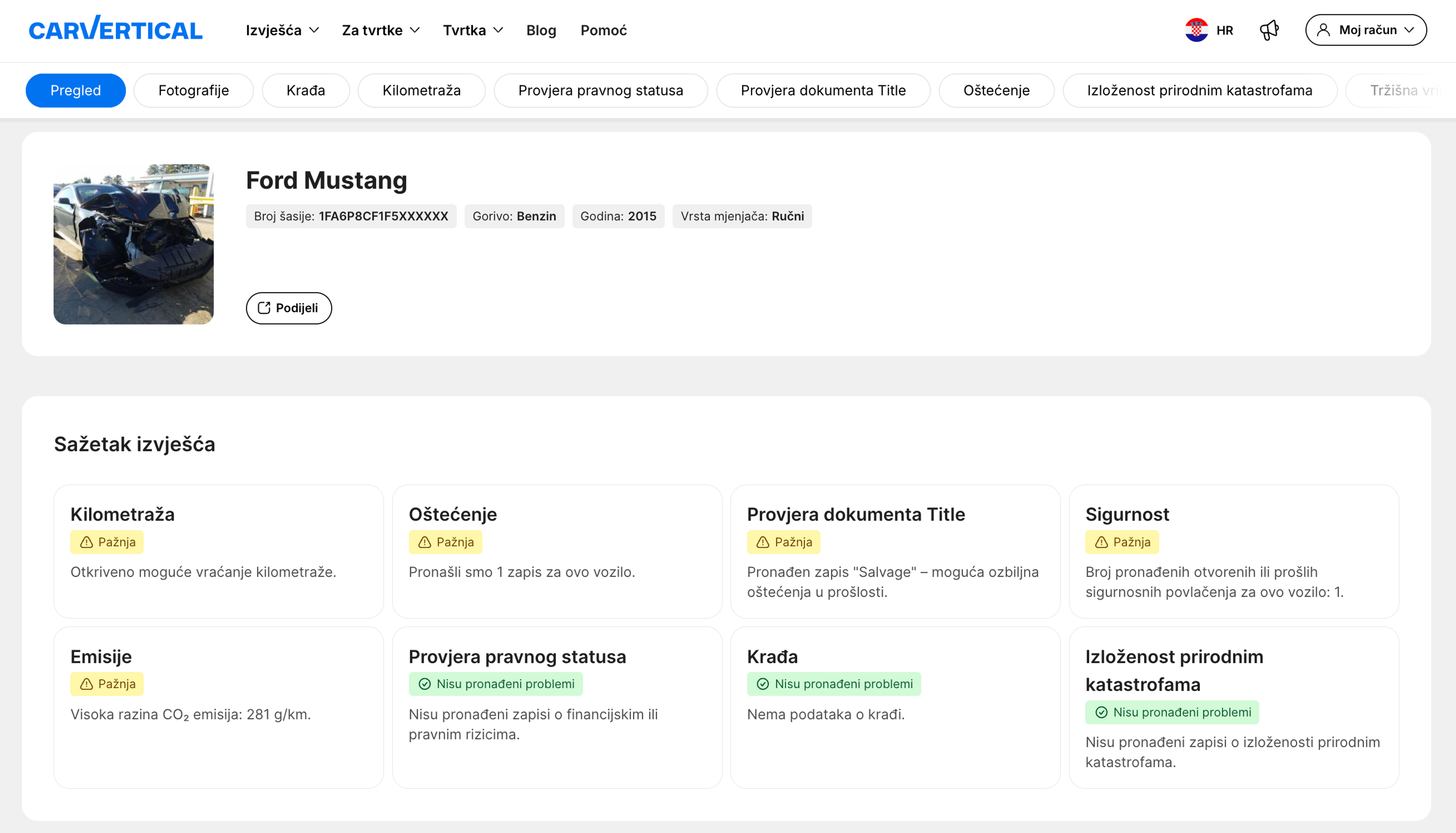 Sažetak carVertical izvješća