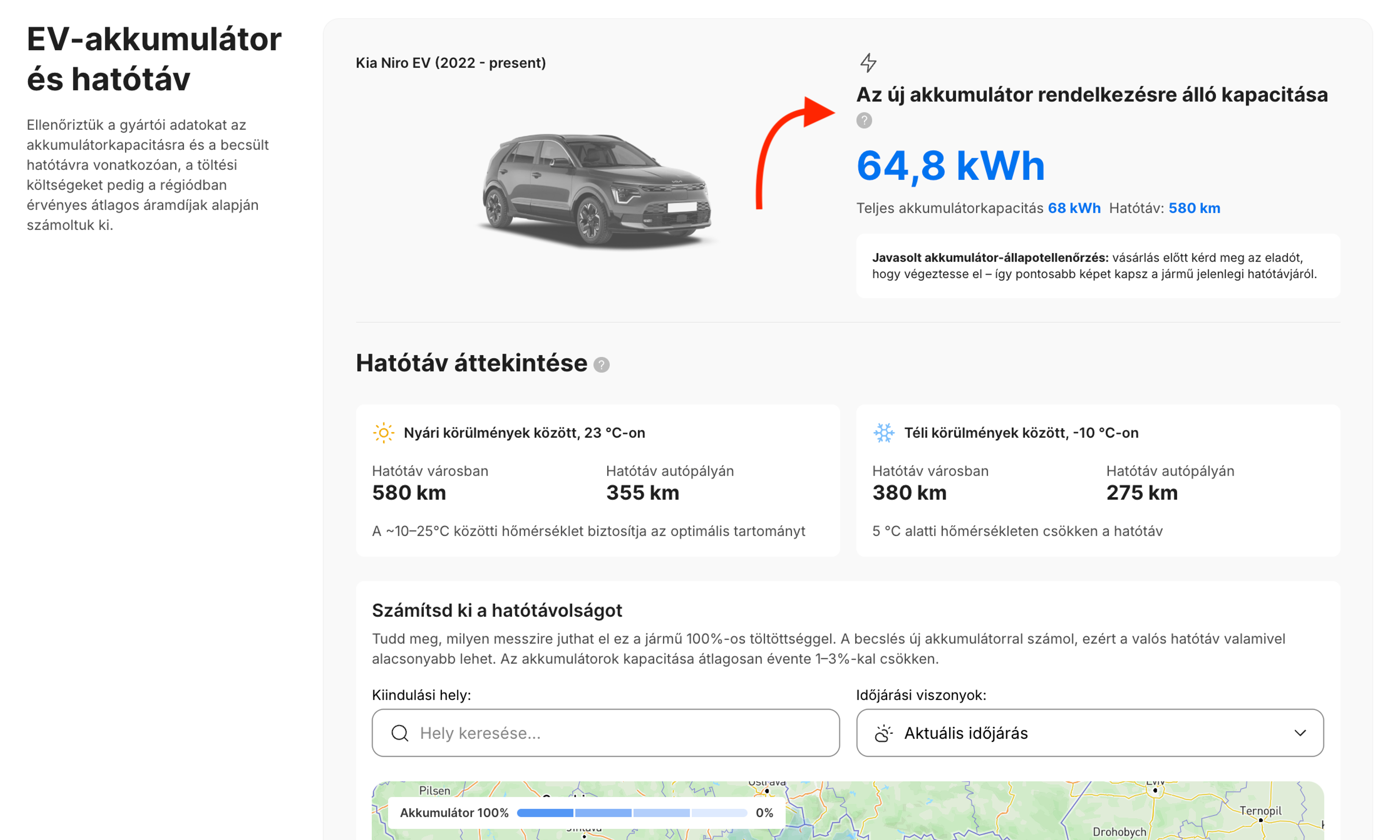 A jelentés EV-akkumulátor és hatótáv szakaszában megjelenő akkumulátorkapacitás és becsült hatótáv.
