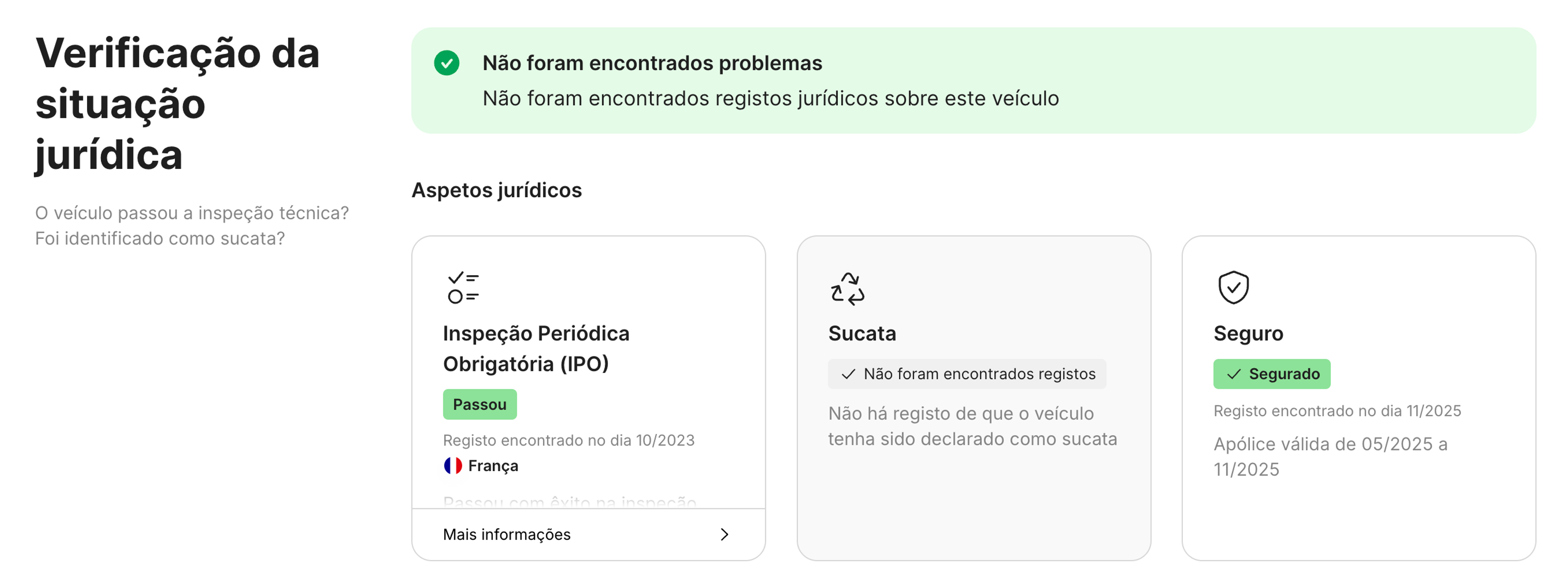 “Registo encontrado”, “Não foram encontrados registos”, “Passou” [na inspeção]