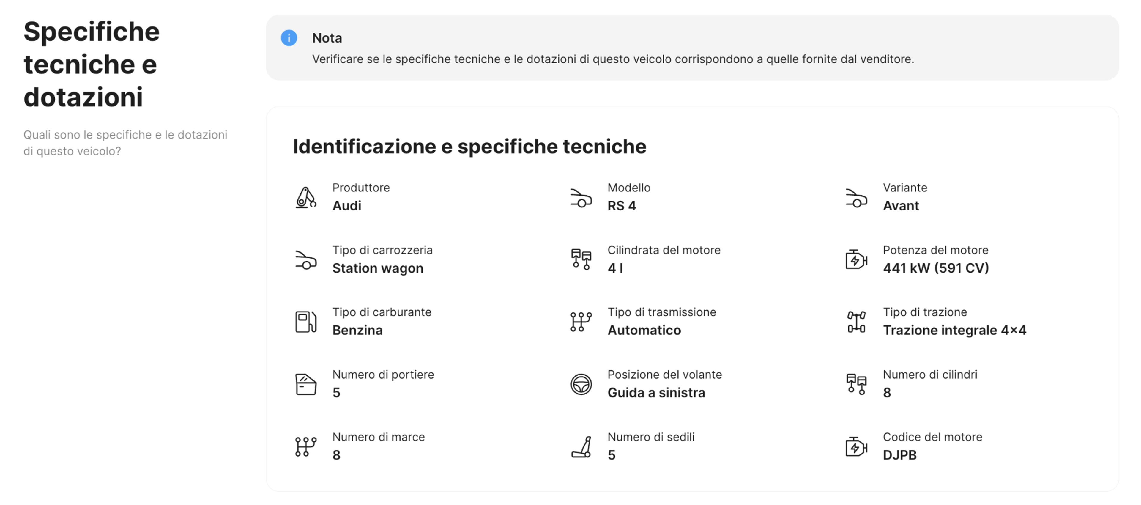 Sezione specifiche ed equipaggiamento nel report carVertical