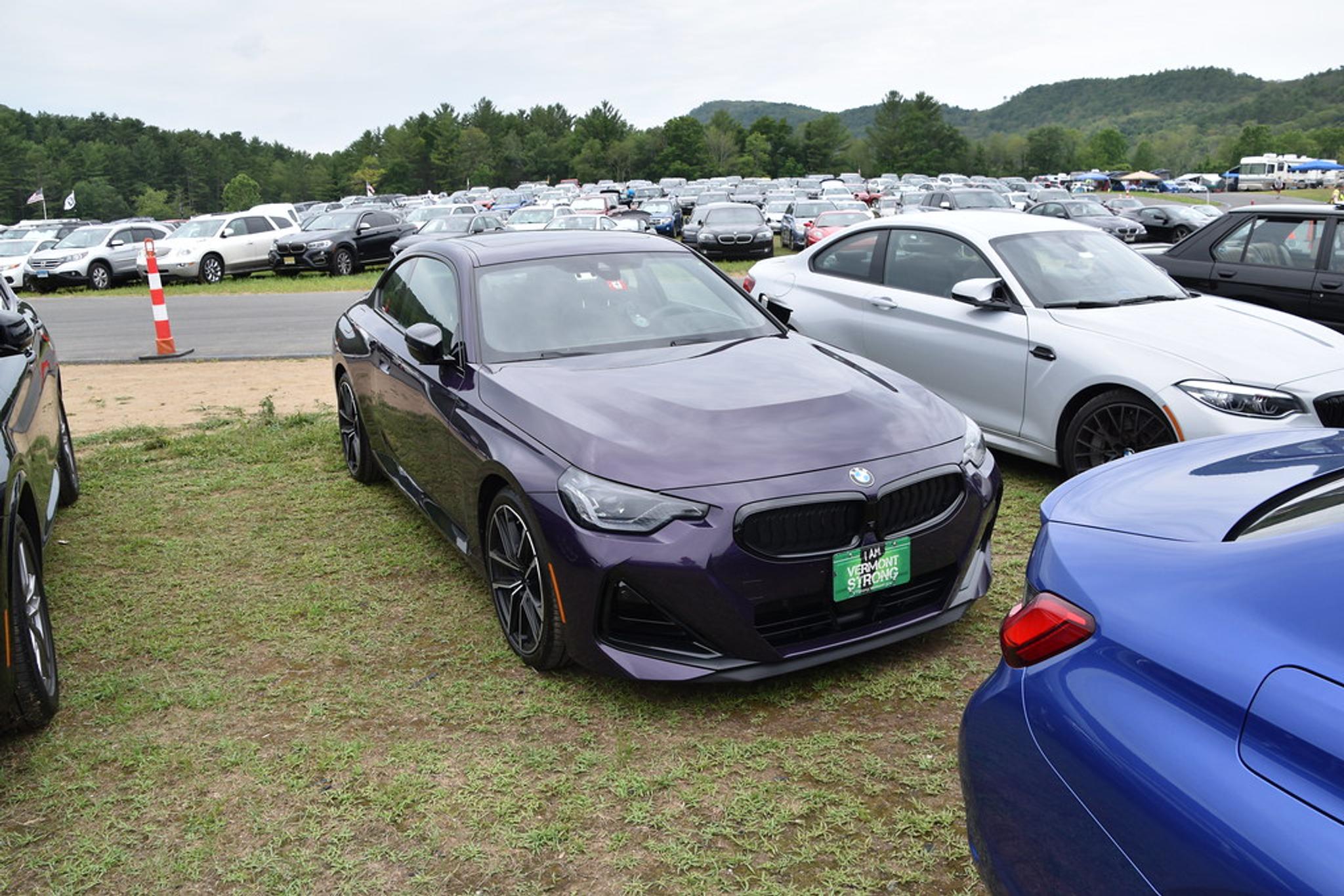 Dark purple BMW M2 parked on grass