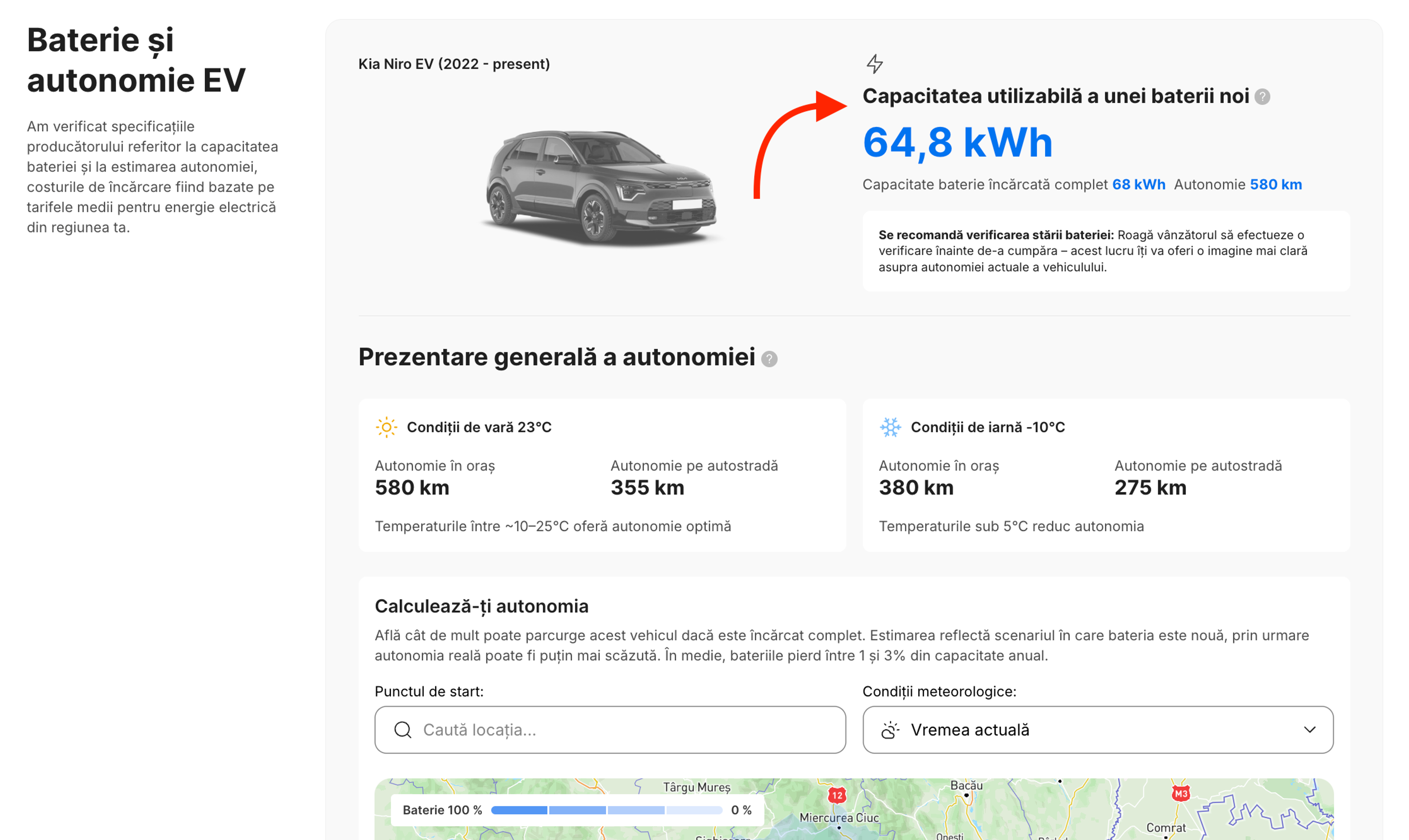 Capacitatea bateriei și autonomia estimată afișate în secțiunea baterie și autonomie EV a raportului.