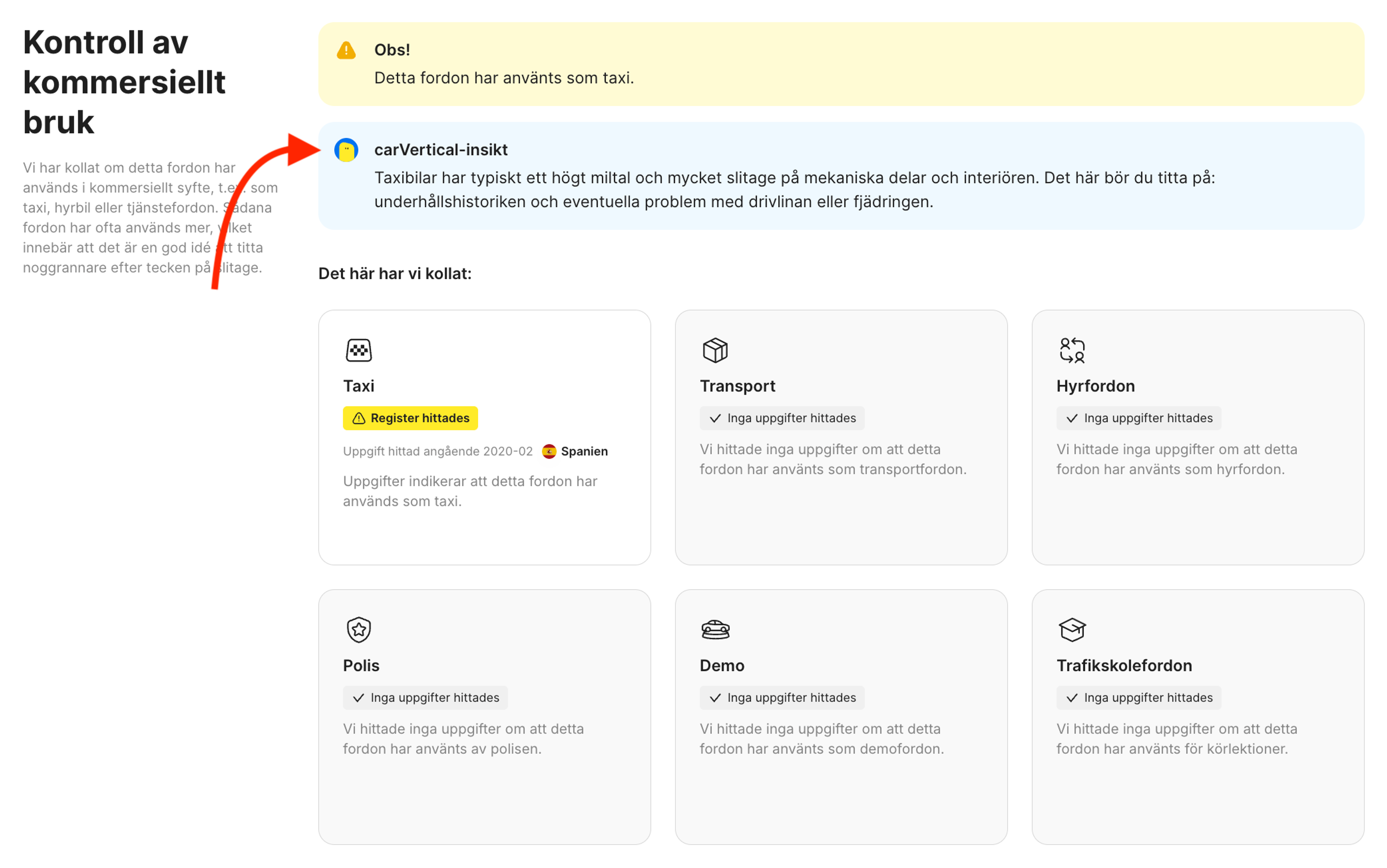 carVerticals insikter i avsnittet “kommersiell användning”