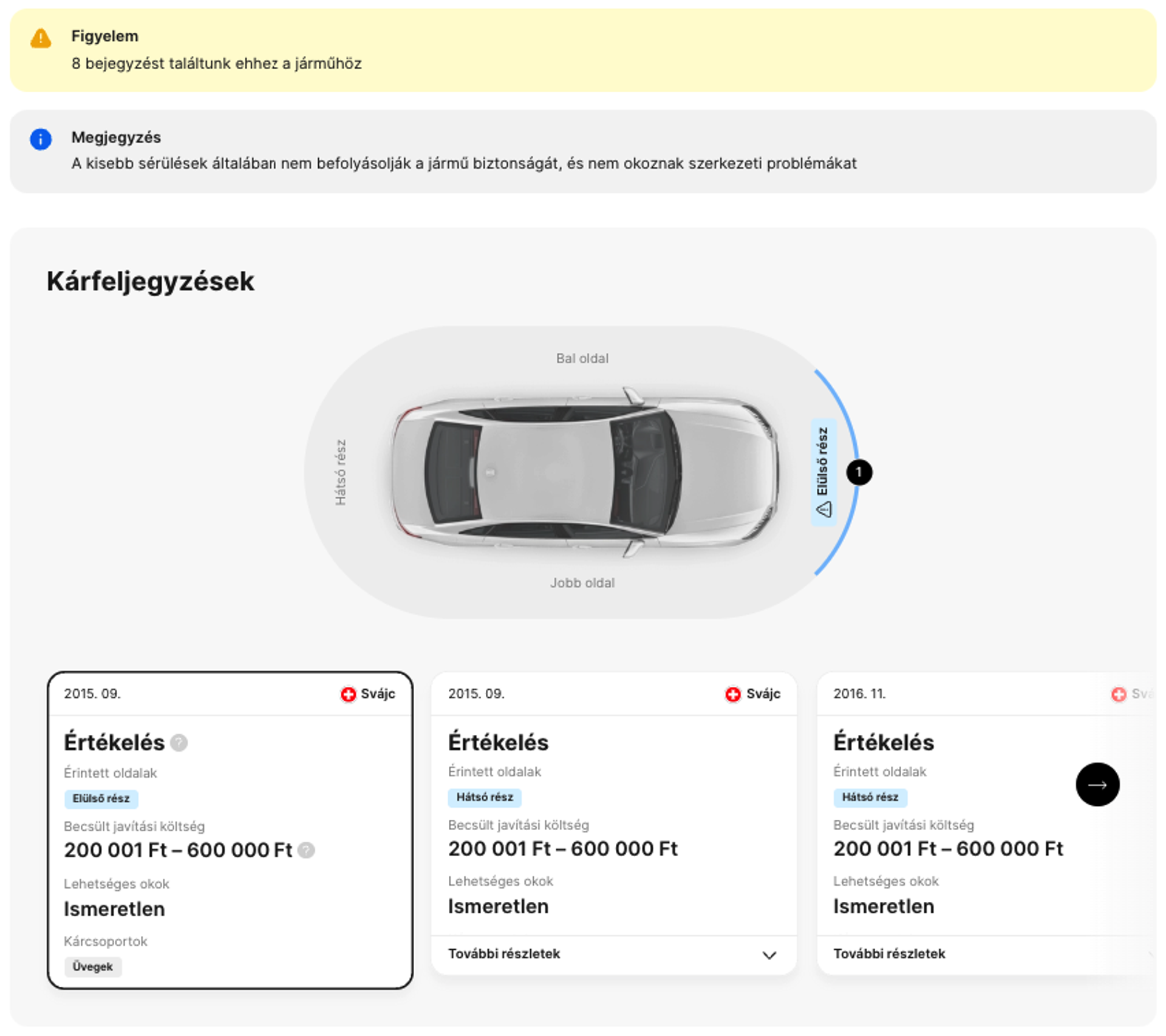 Információk az autó sérüléseiről egy járműtörténeti jelentésben