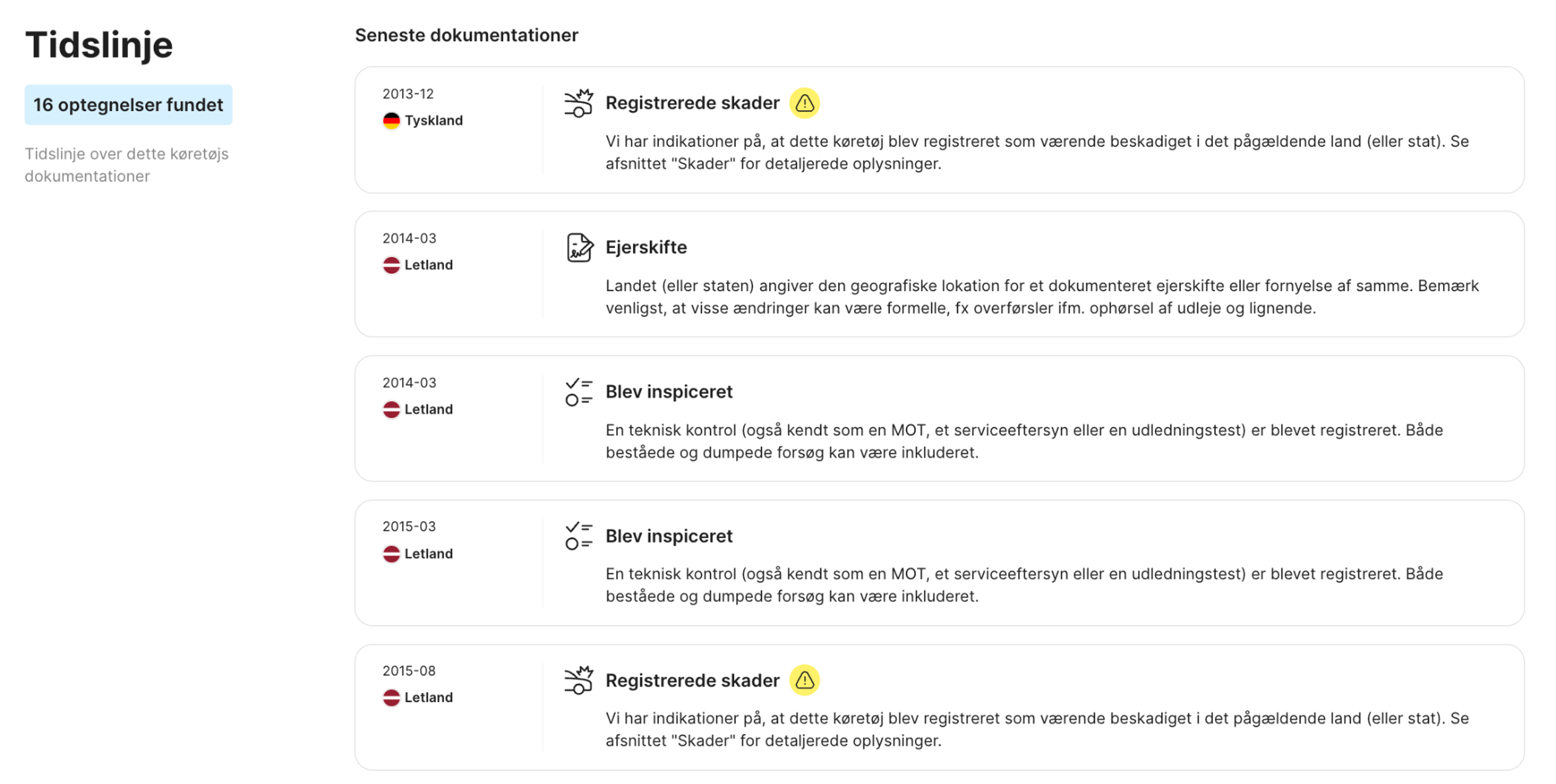 tidslinjeafsnit i en carVertical rapport