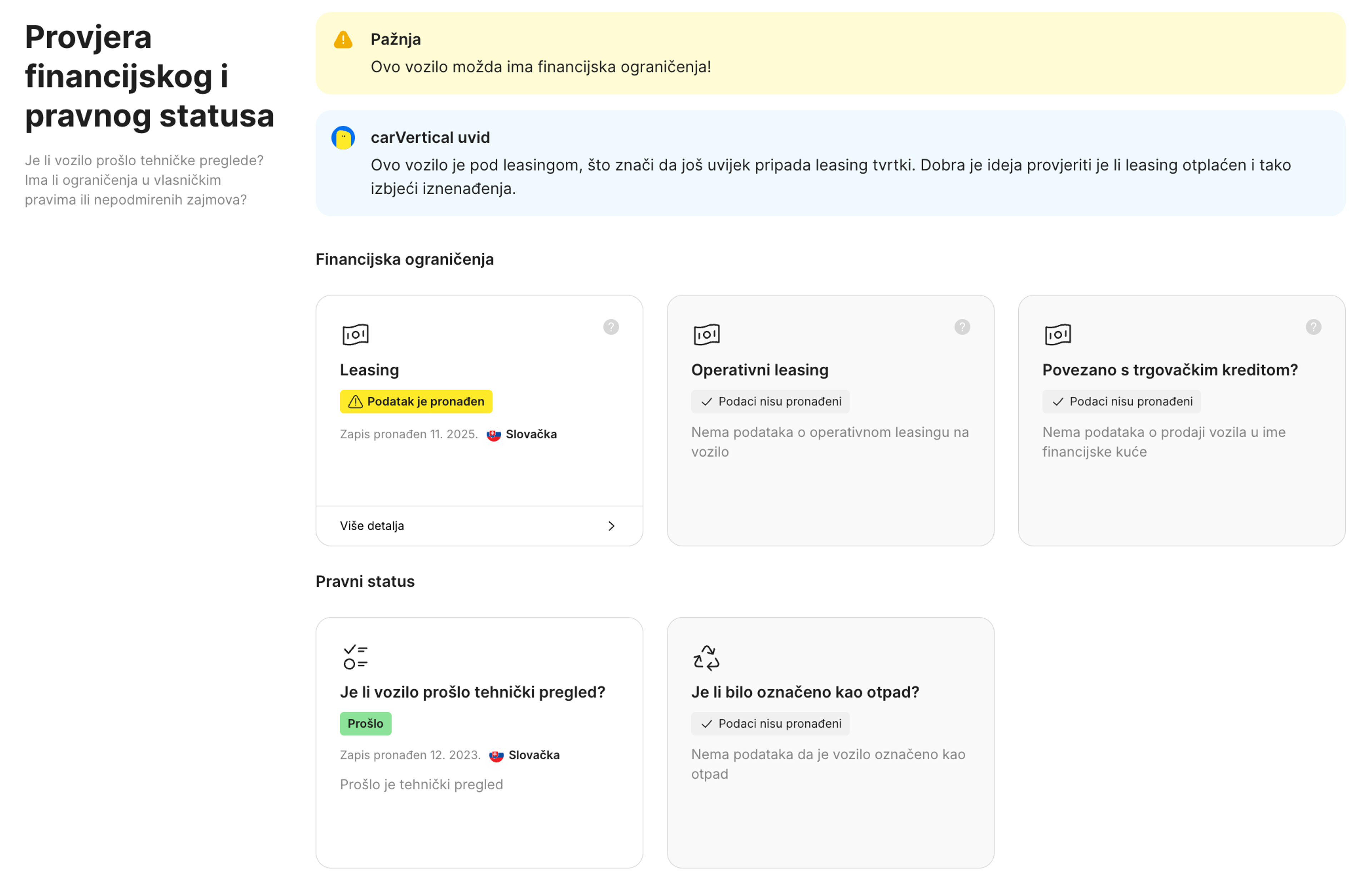Funkcija financijskog i pravnog statusa u carVertical izvješću
