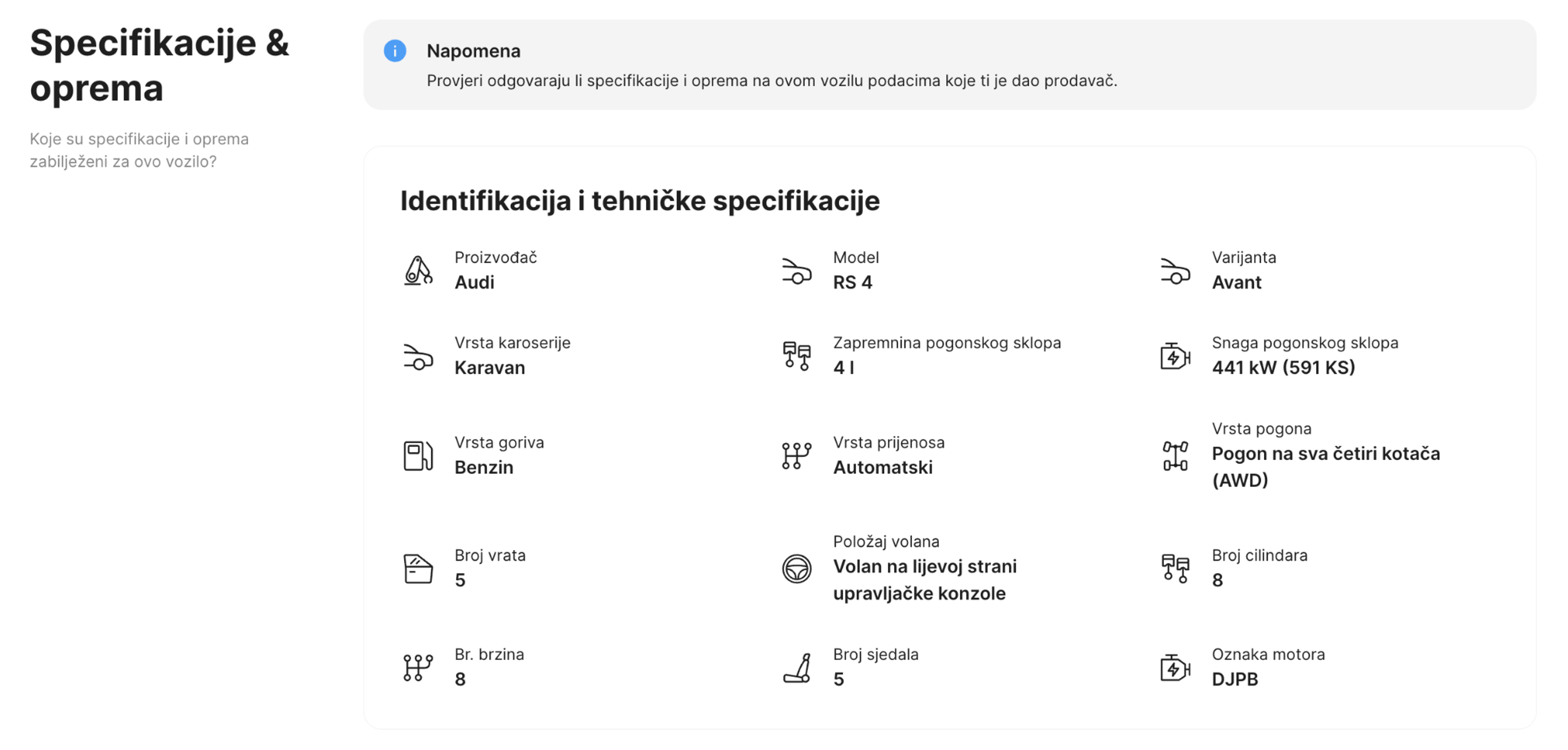 Odjeljak o specifikacijama i opremi u carVertical izvješću