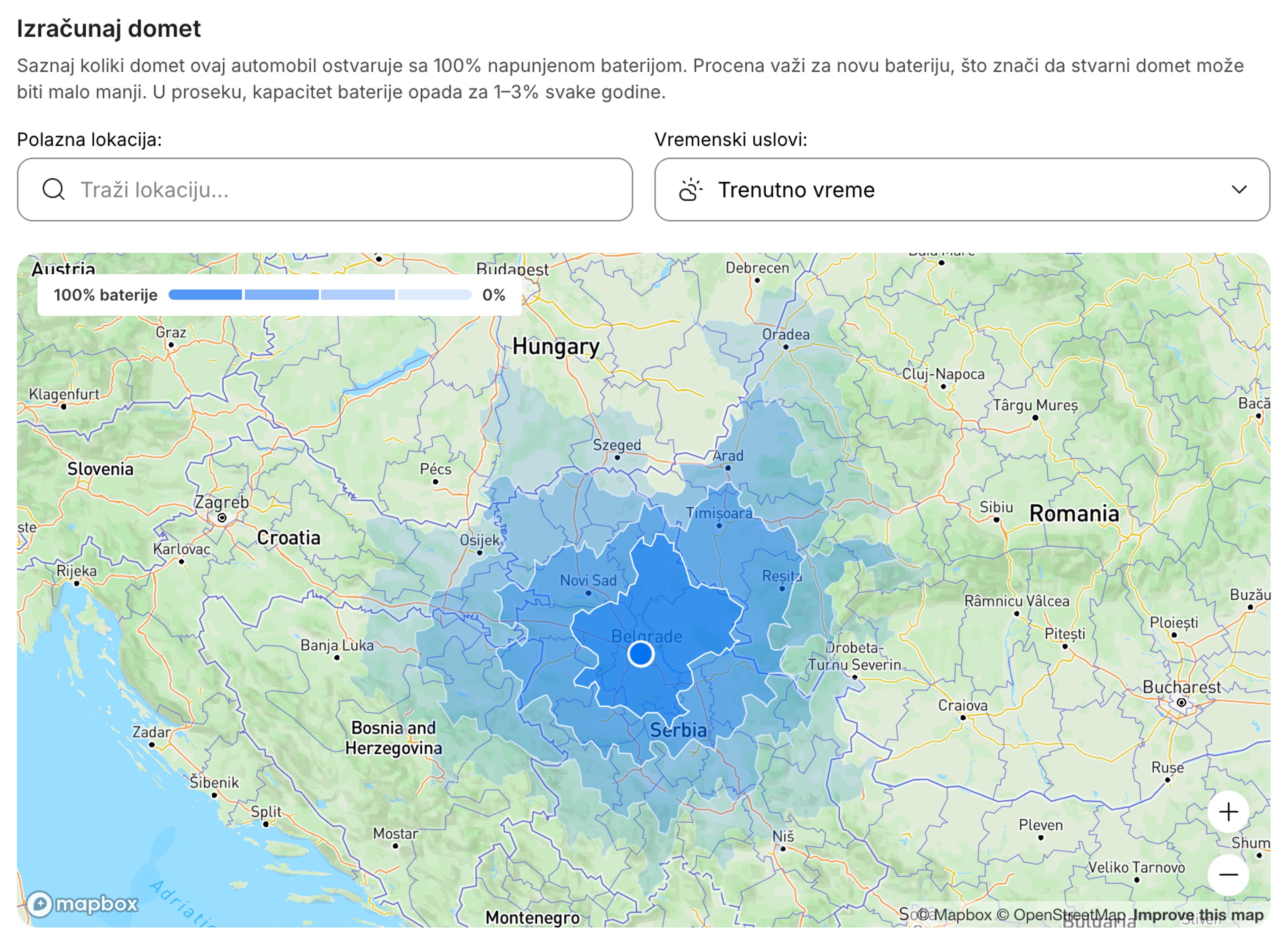 Interaktivna mapa dometa električnog automobila koja prikazuje procenjenu udaljenost vožnje.