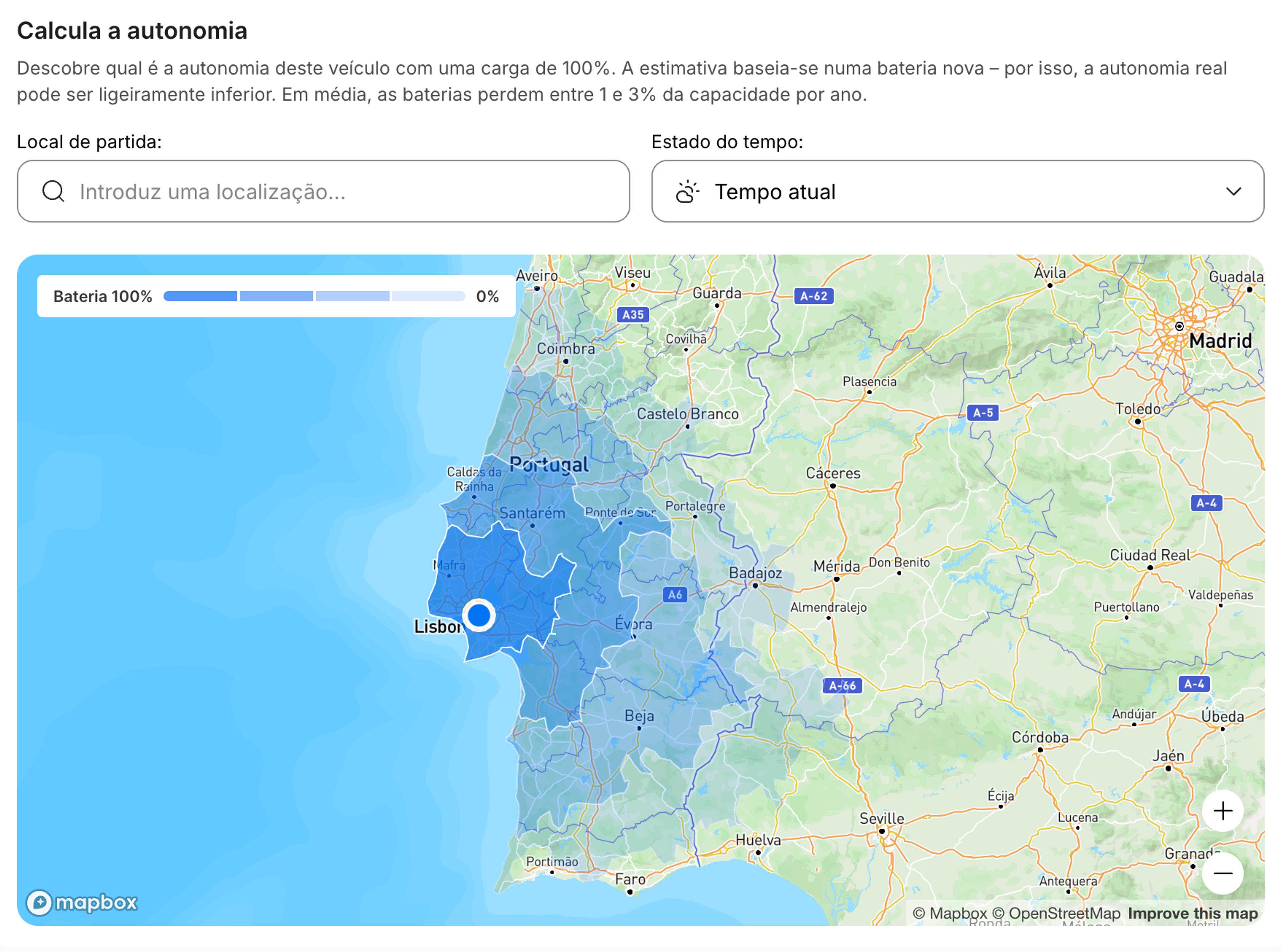 Mapa interativo da autonomia de um VE, mostrando a distância estimada de condução.