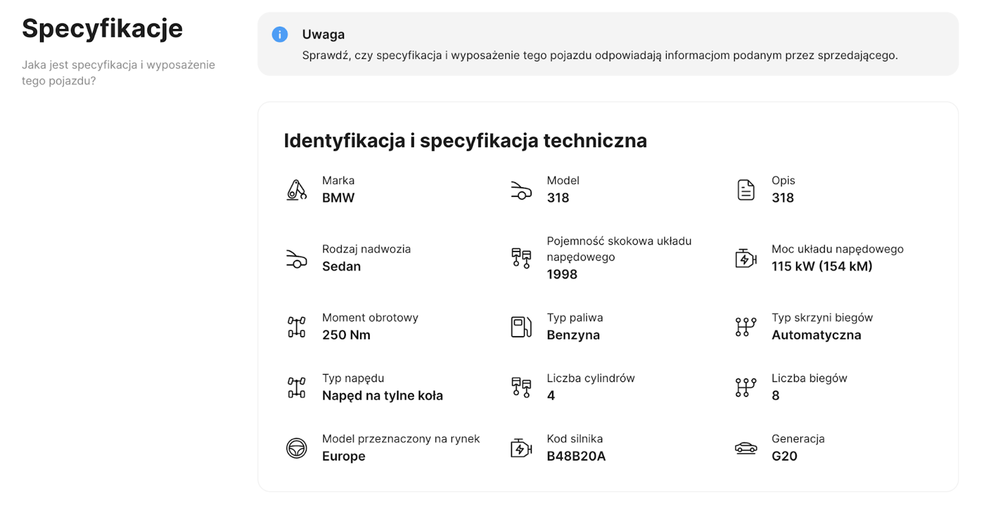 Oryginalna specyfikacja samochodu rozszyfrowana z danych producenta