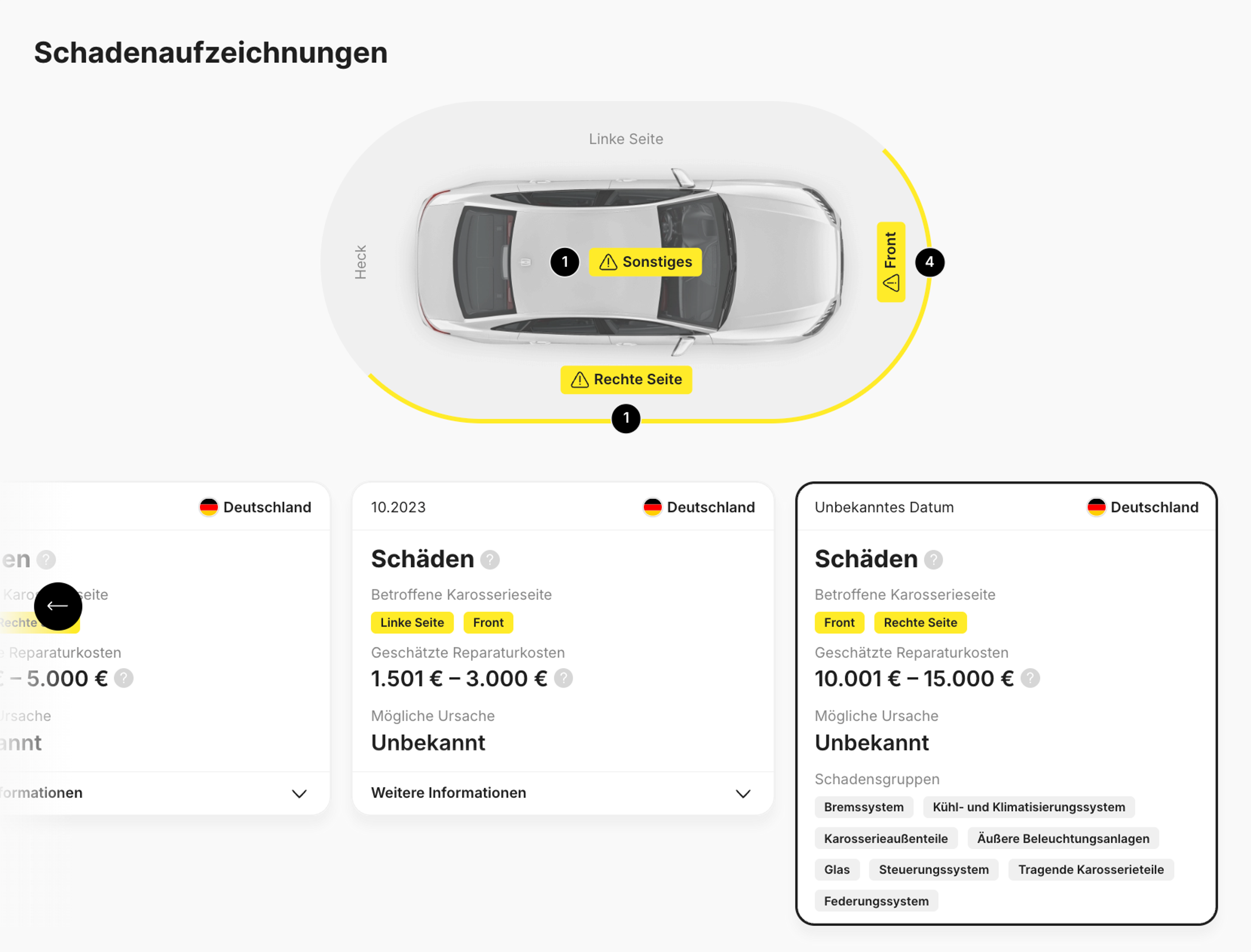 Aufzeichnungen, die zeigen, dass das Auto in Deutschland beschädigt wurde