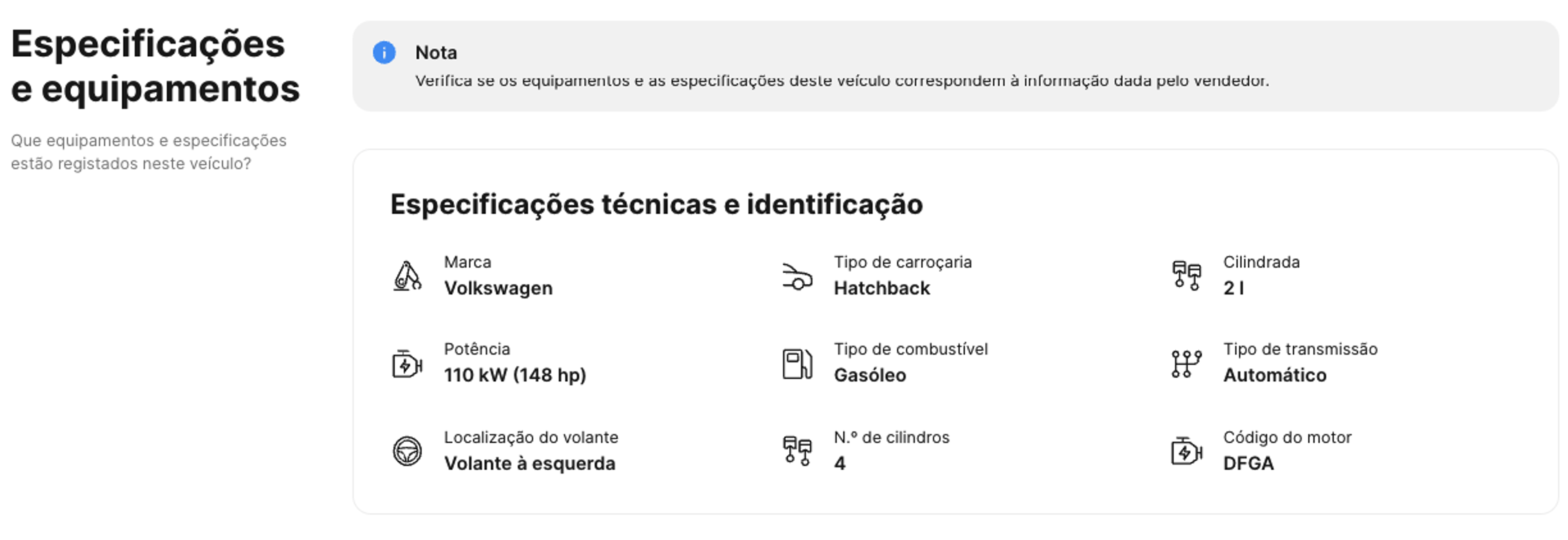 Secção “Especificações e equipamentos” num relatório histórico da carVertical