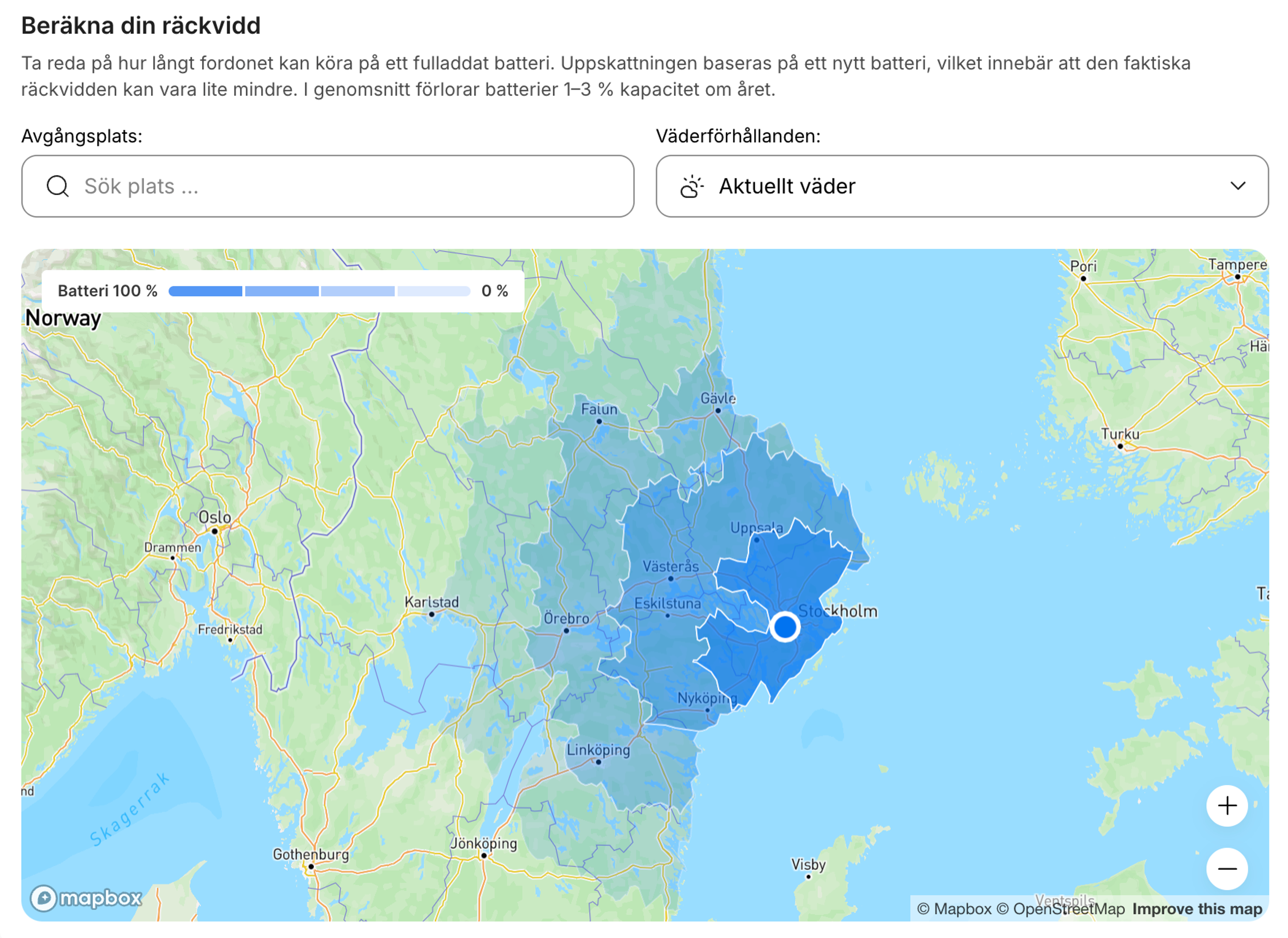 Interaktiv karta över elbilens räckvidd som visar den beräknade körsträckan.