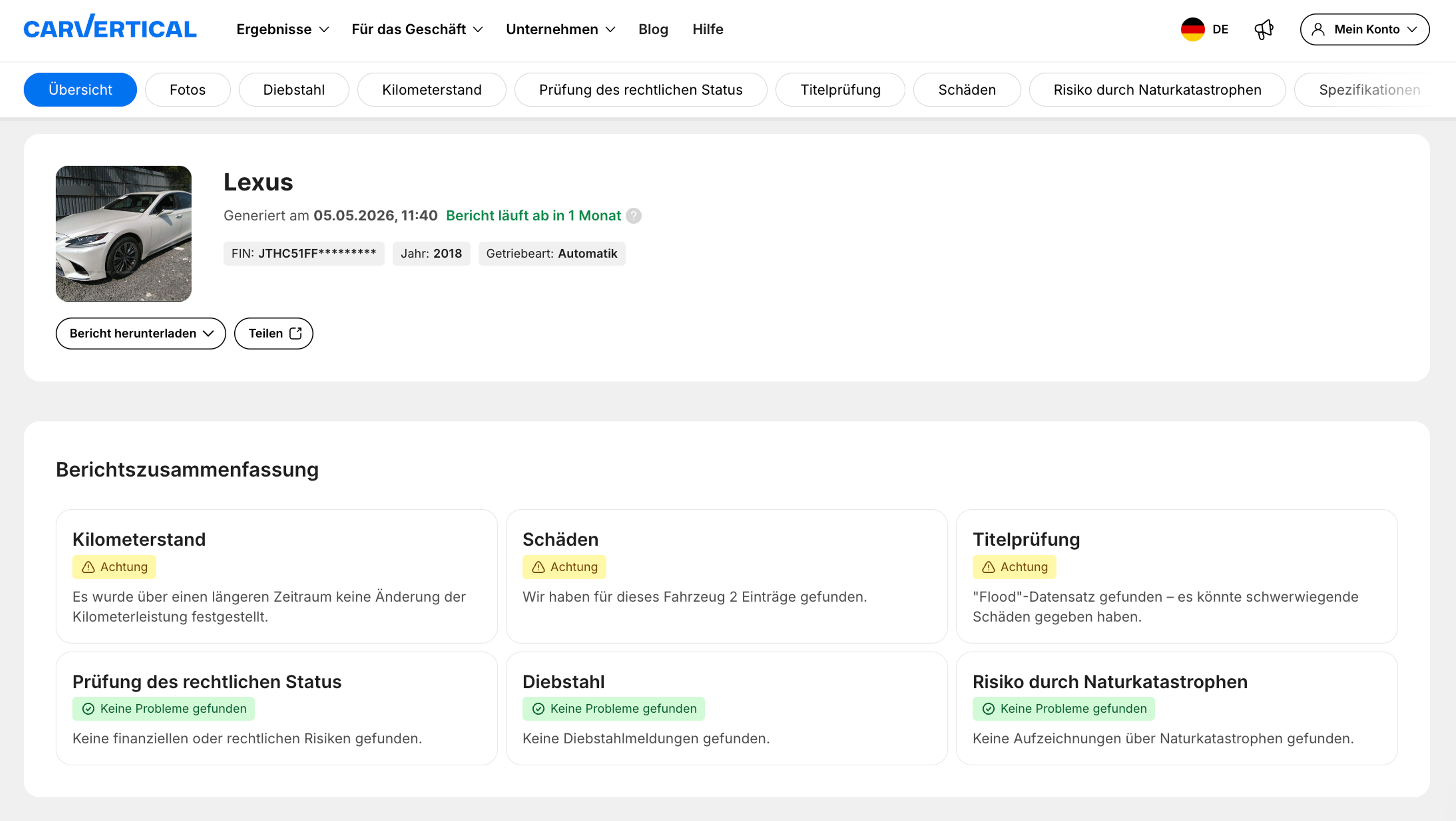 Informationsübersicht im oberen Bereich des carVertical-Berichts