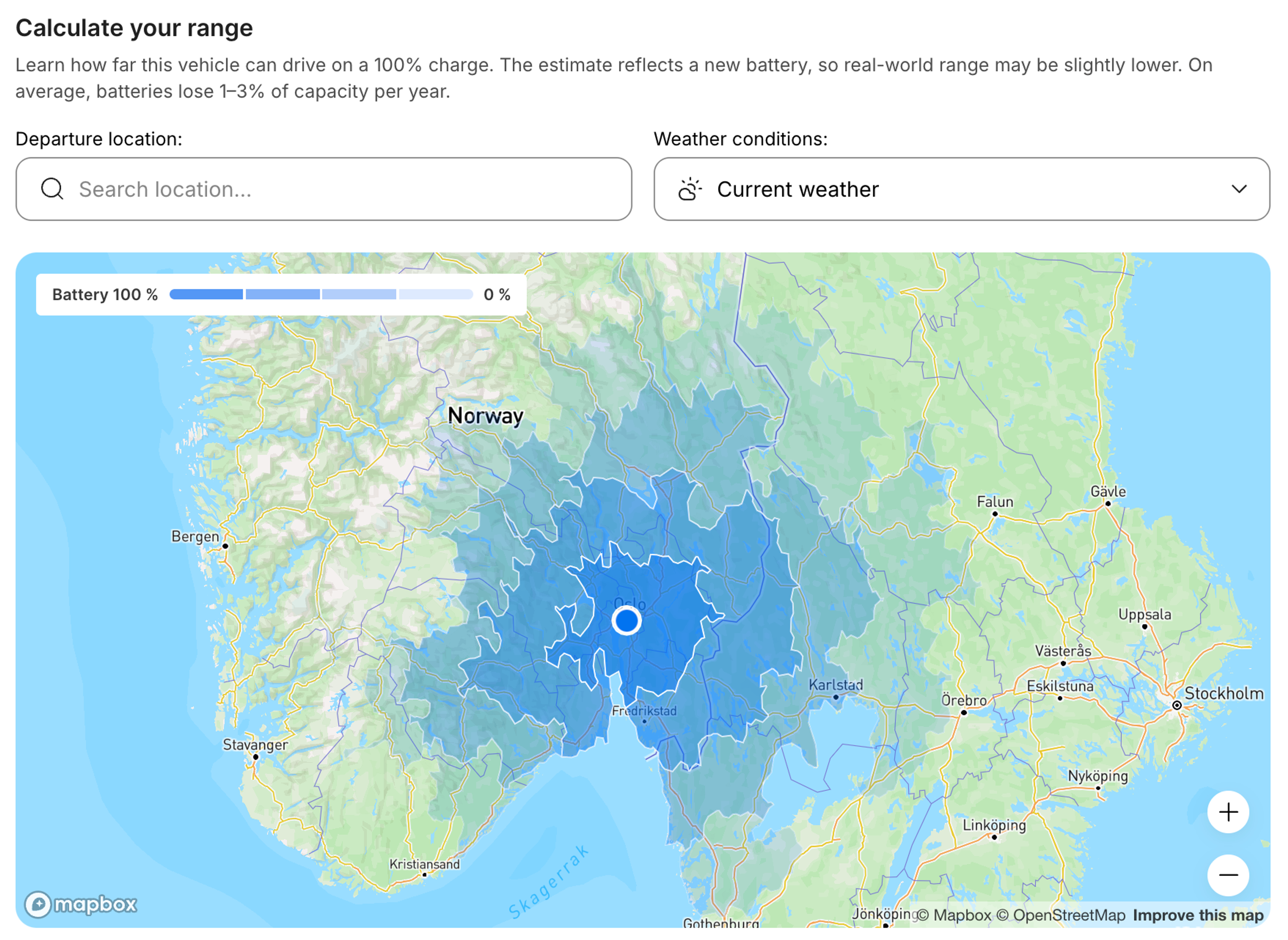 Interactive EV range map showing estimated driving distance