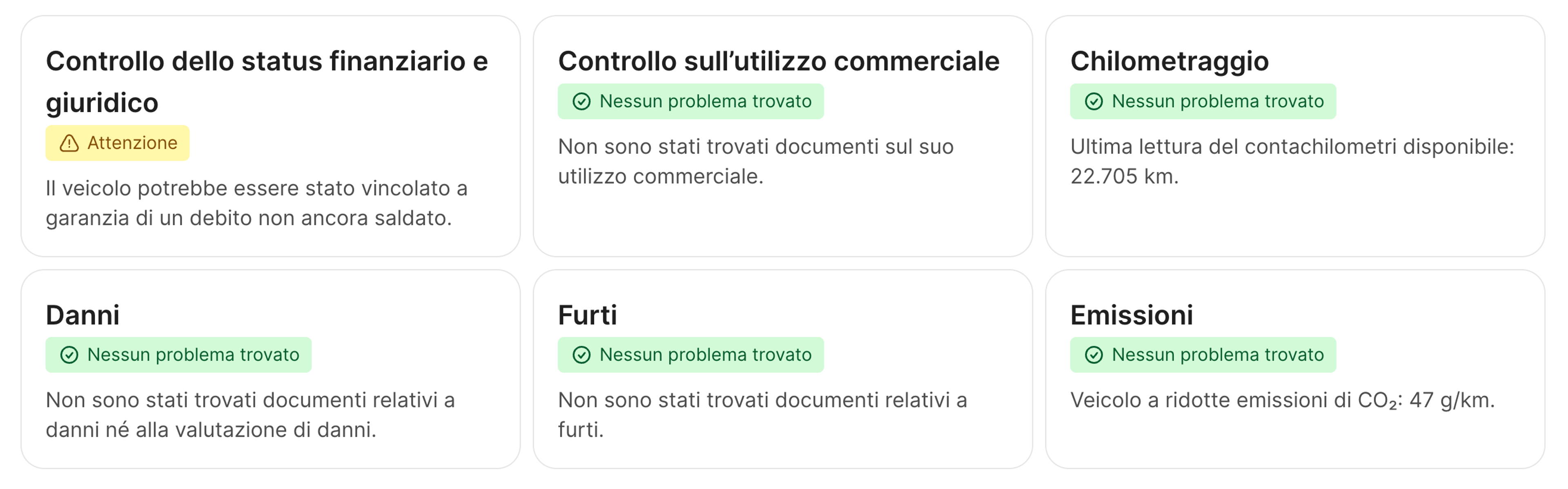 record trovati di stato finanziario e legale nel report carVertical