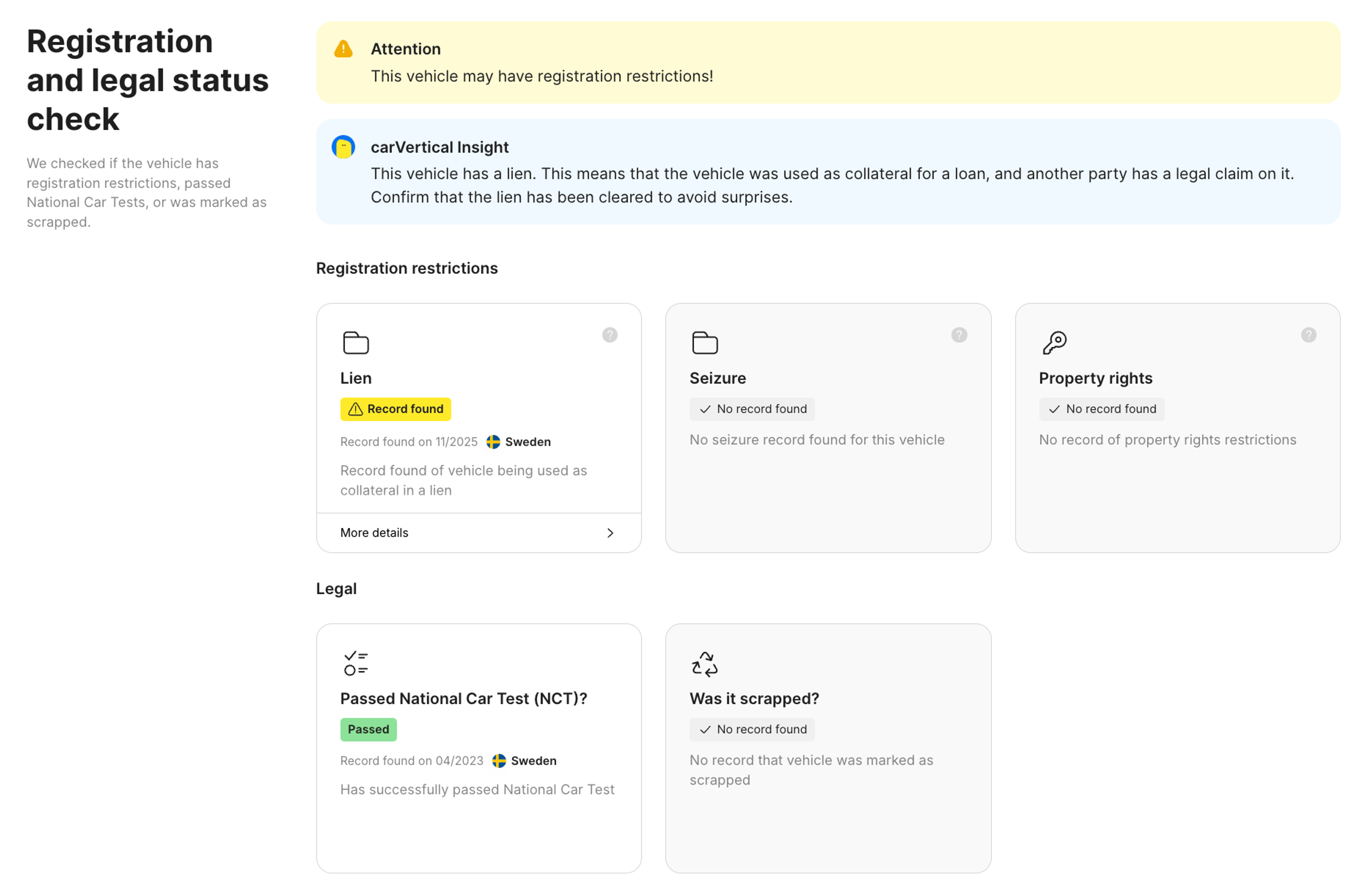 registration and legal status feature in carVertical report