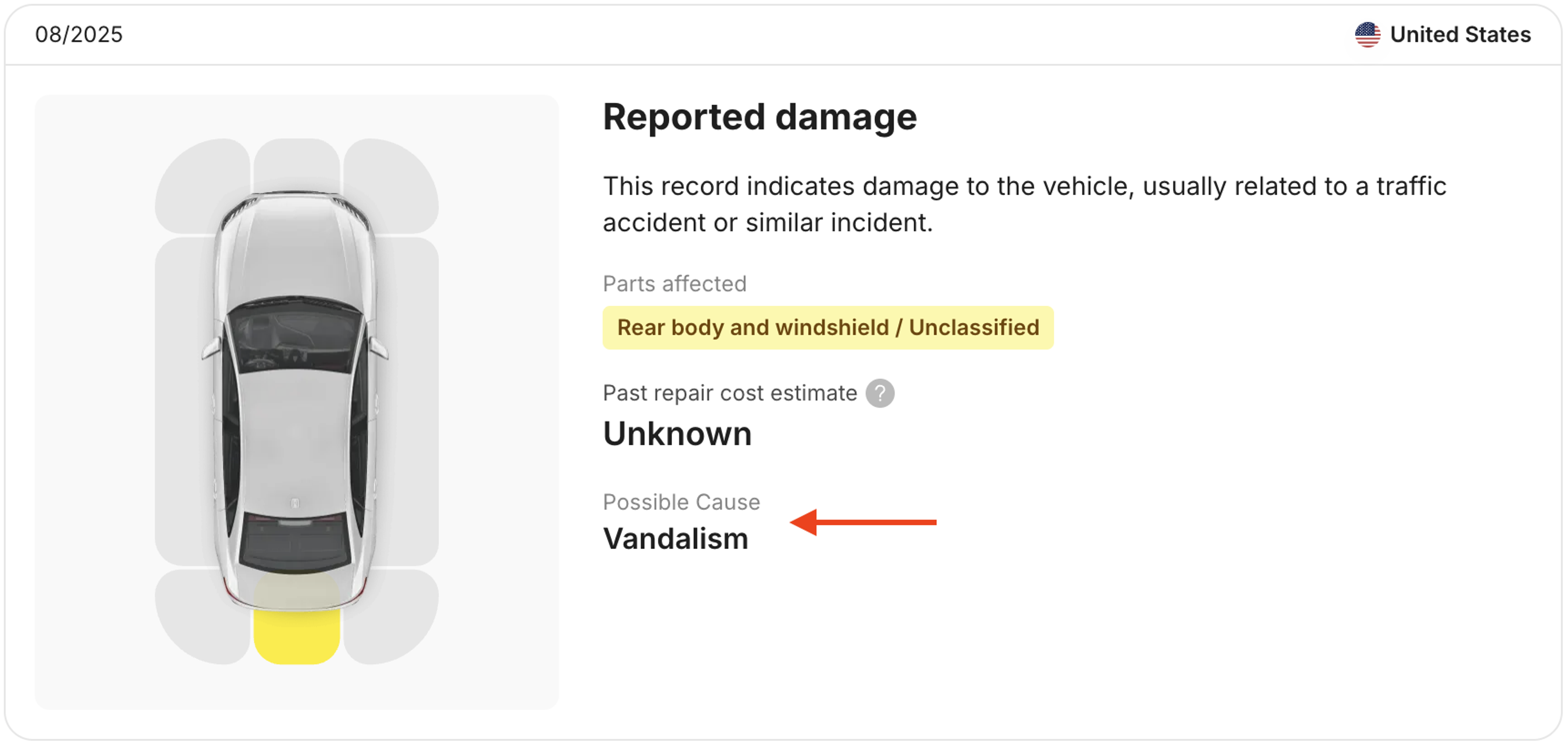 Damage record listing “Vandalism” as a possible cause