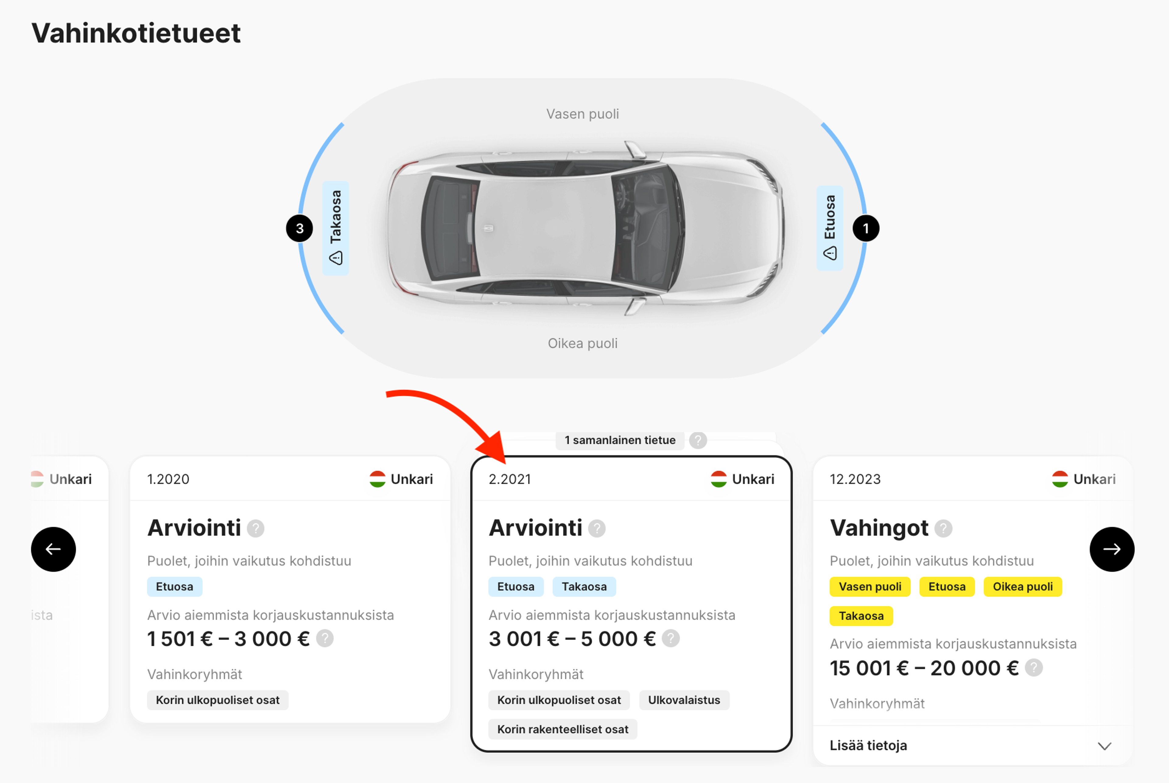 Vahingot- ja Arviointi-osat carVertical-raportissa