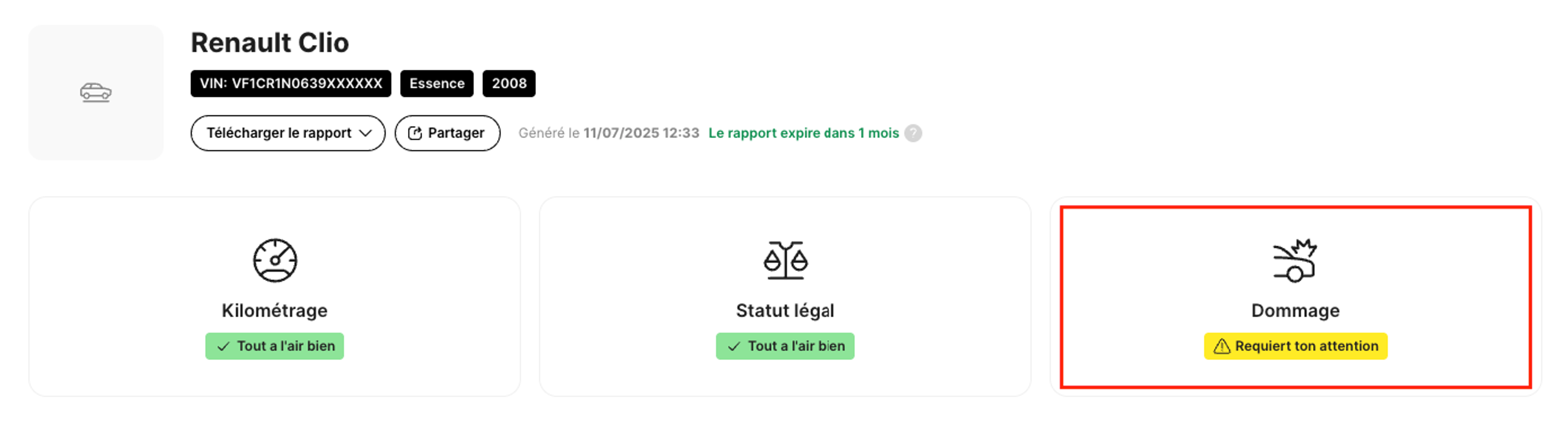 Extrait du début du rapport carVertical mettant en évidence la partie « dommages ».