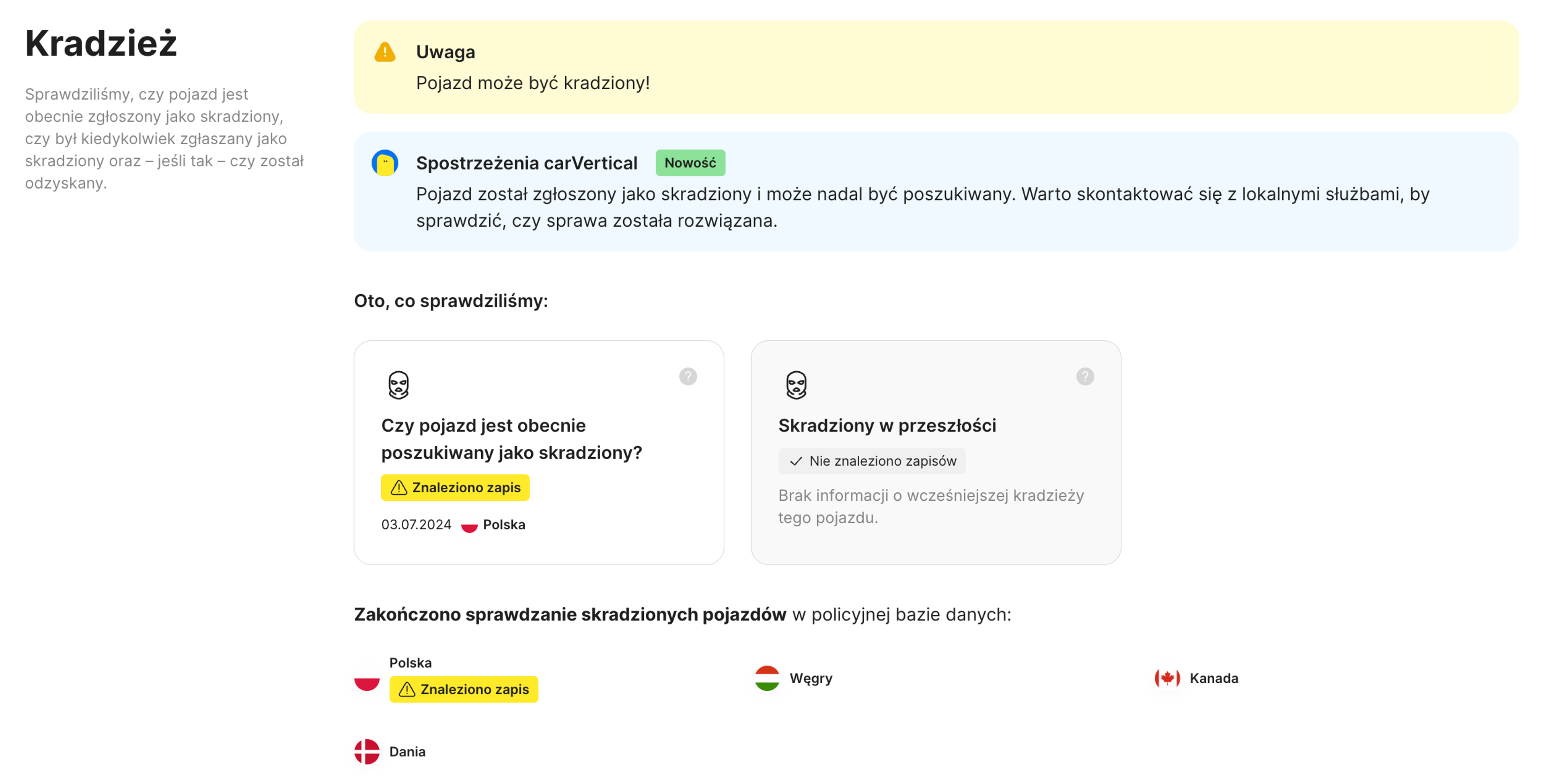 Wpis w raporcie historii pojazdu dotyczący kradzieży
