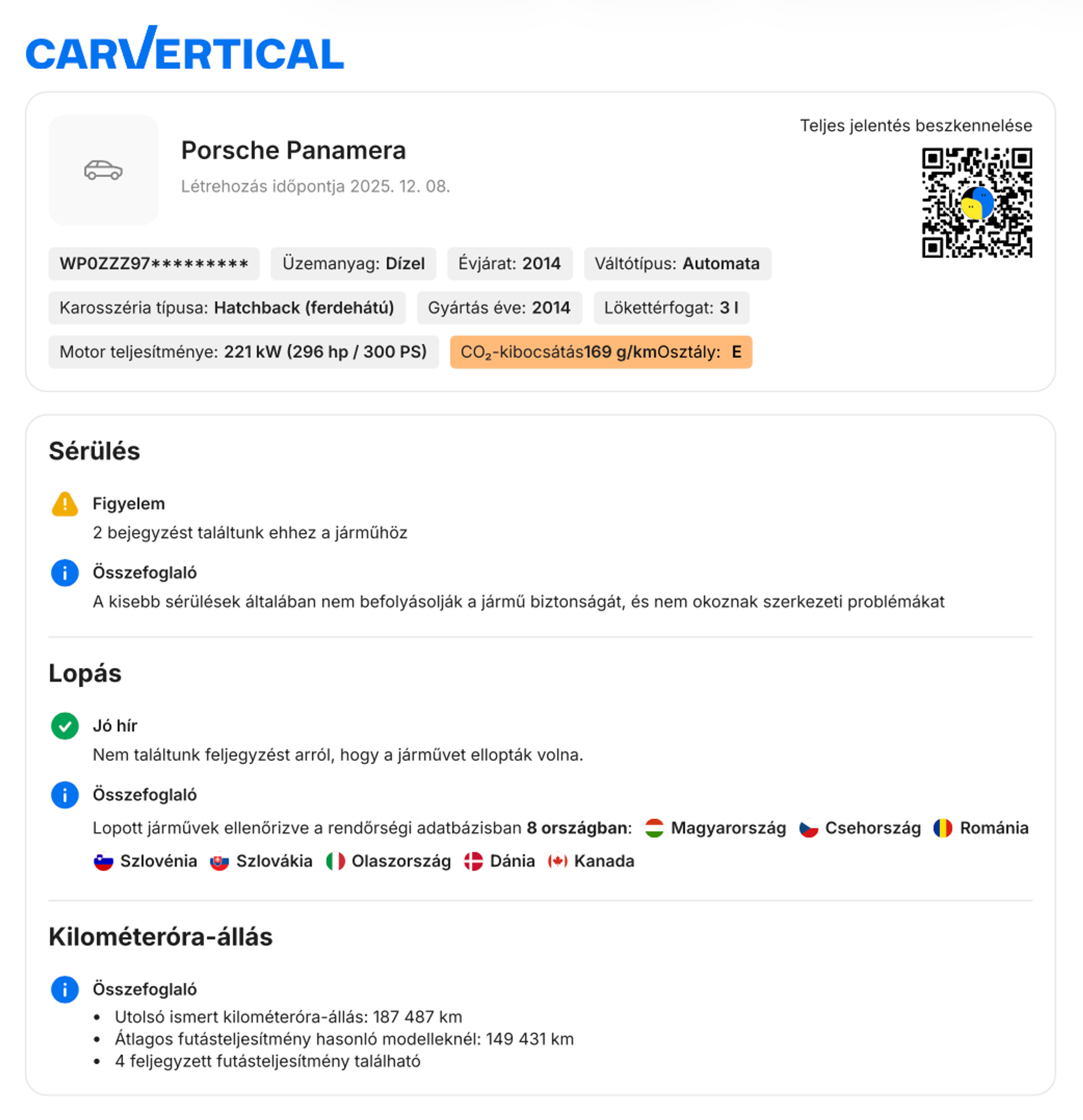 Az egyoldalas PDF összefoglalóban megjelenő autóadatok