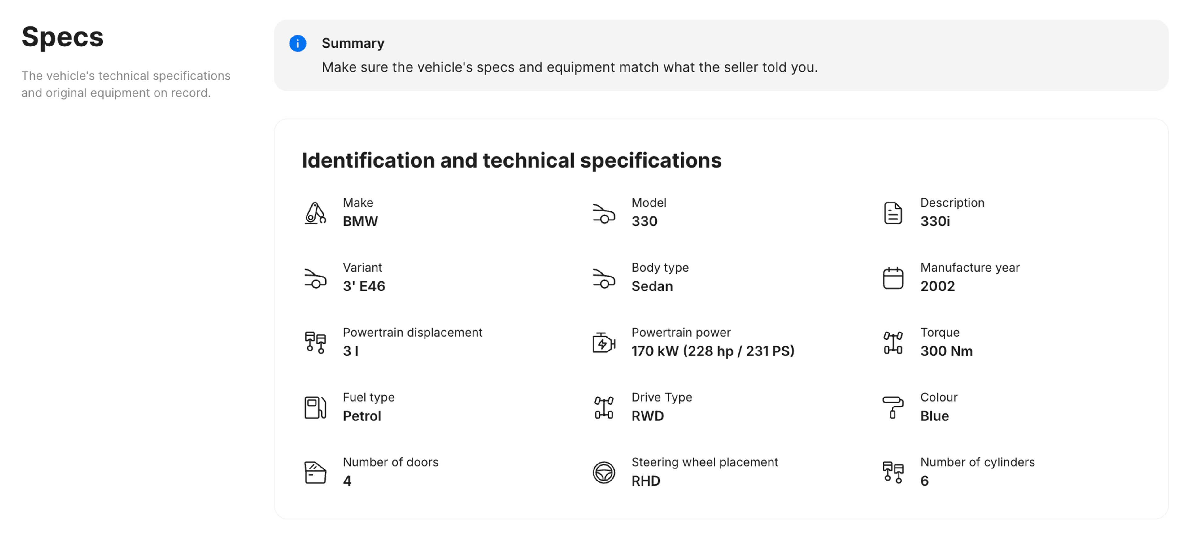 Specifications in carVertical report