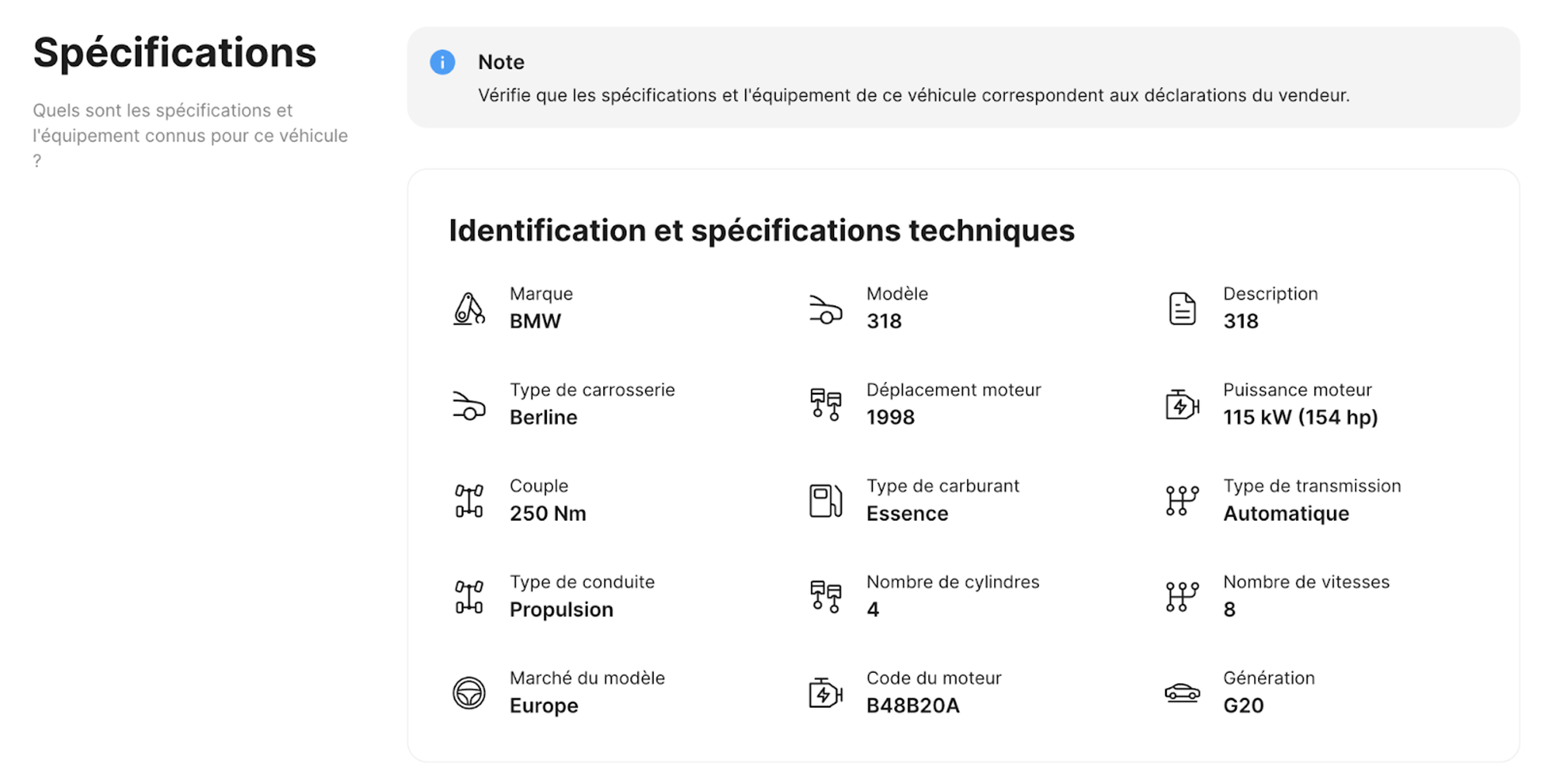 Section Specifications dans un rapport carVertical