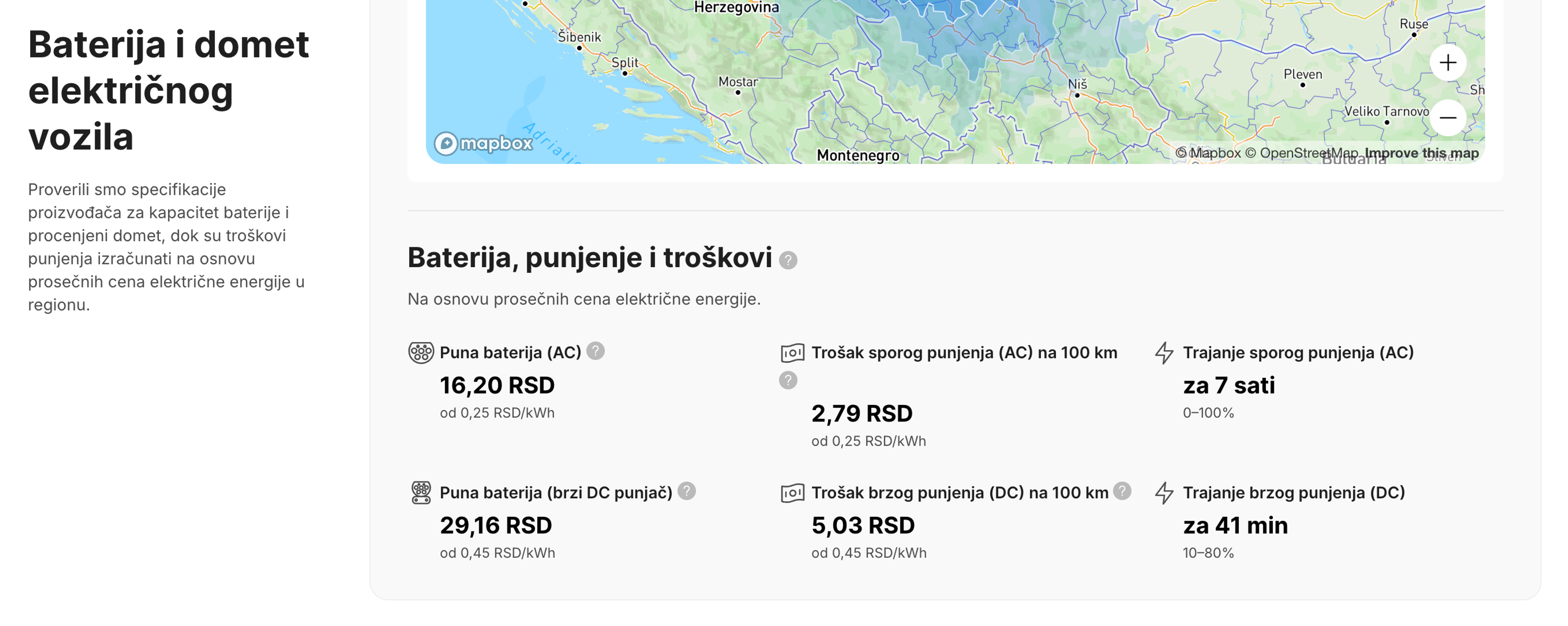 Vreme punjenja električnog automobila i procene troškova u izveštaju o automobilu.
