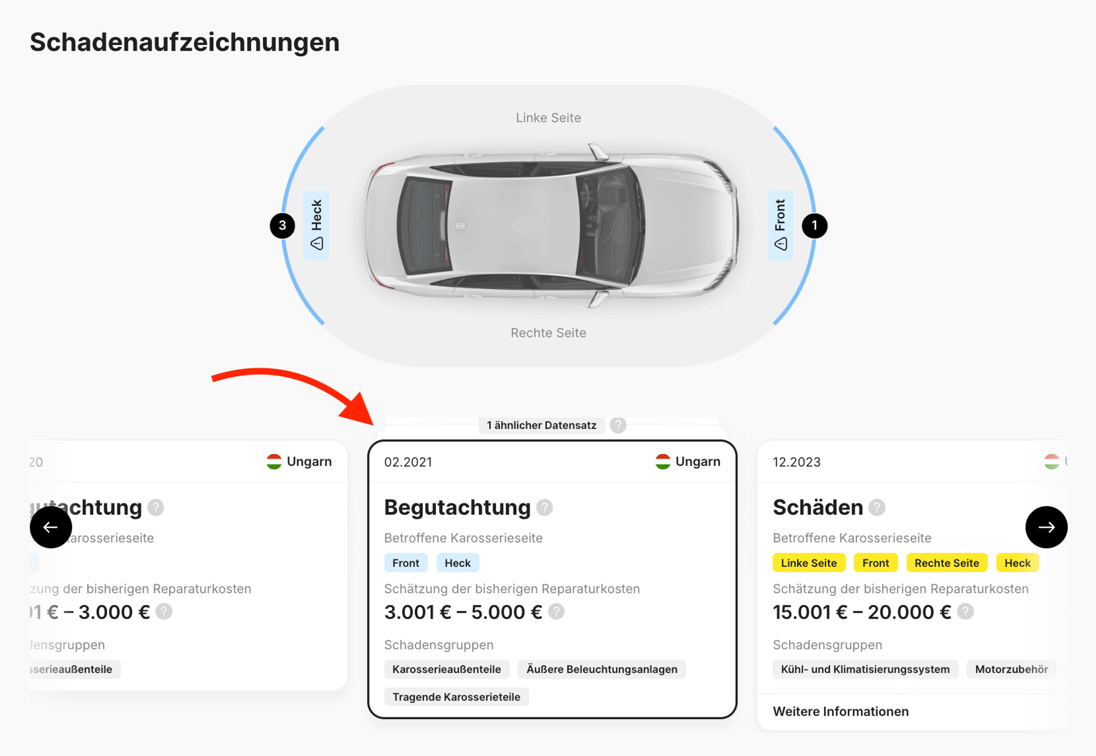 Schadens- und Bewertungskarten im carVertical-Bericht