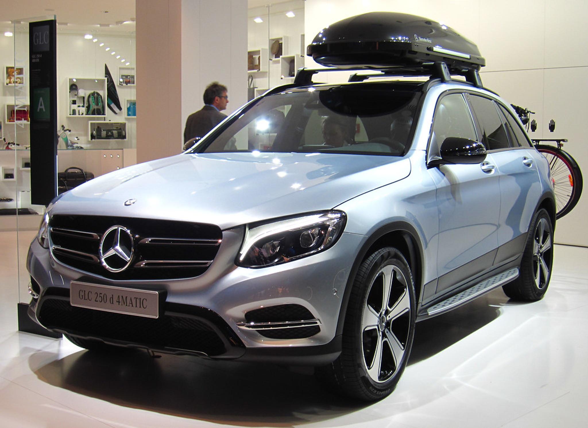 Silver Mercedes Benz GLC 250d 4matic with a roof rack