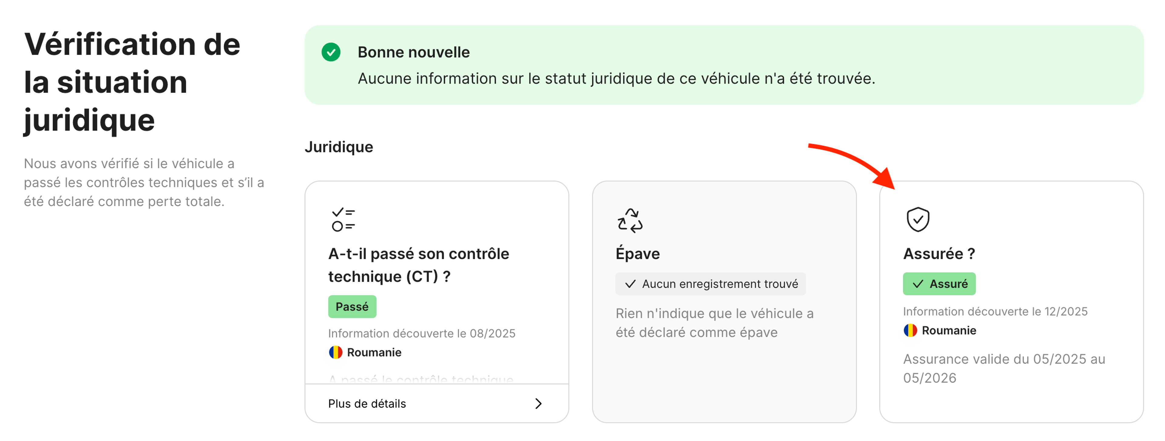 Encadré Assurance dans la section Vérification du statut juridique
