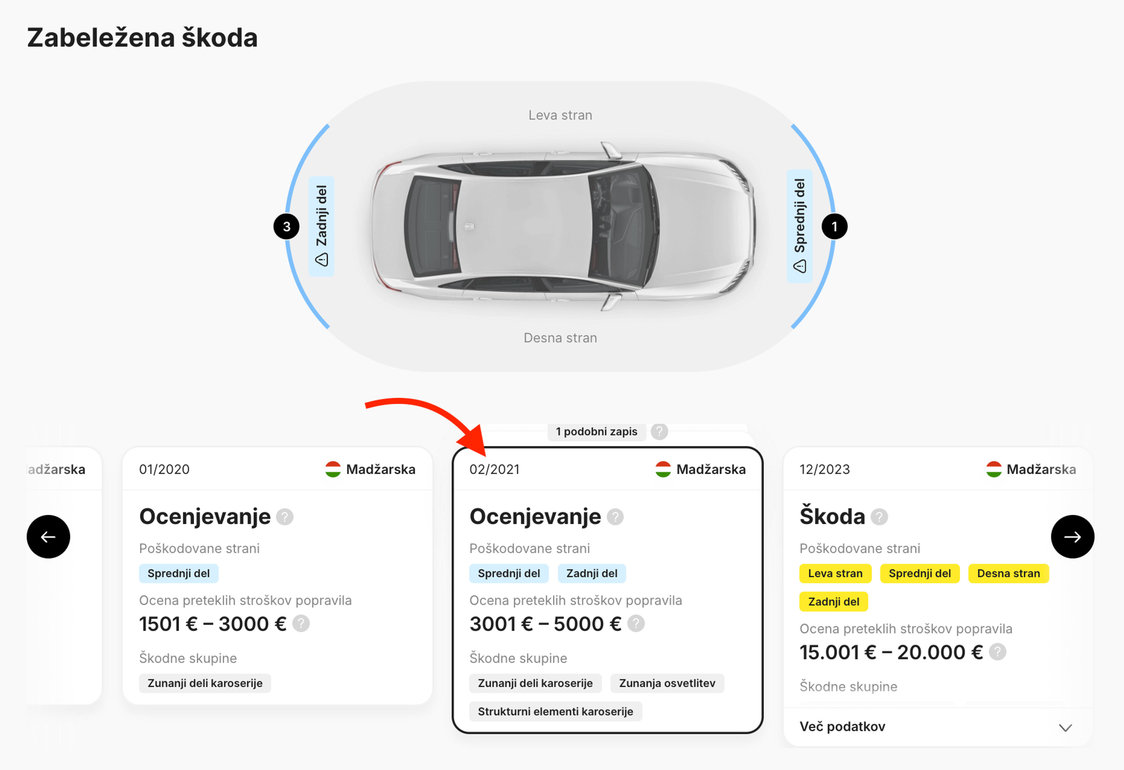 Kartica Škoda in Ocena v carVertical poročilu