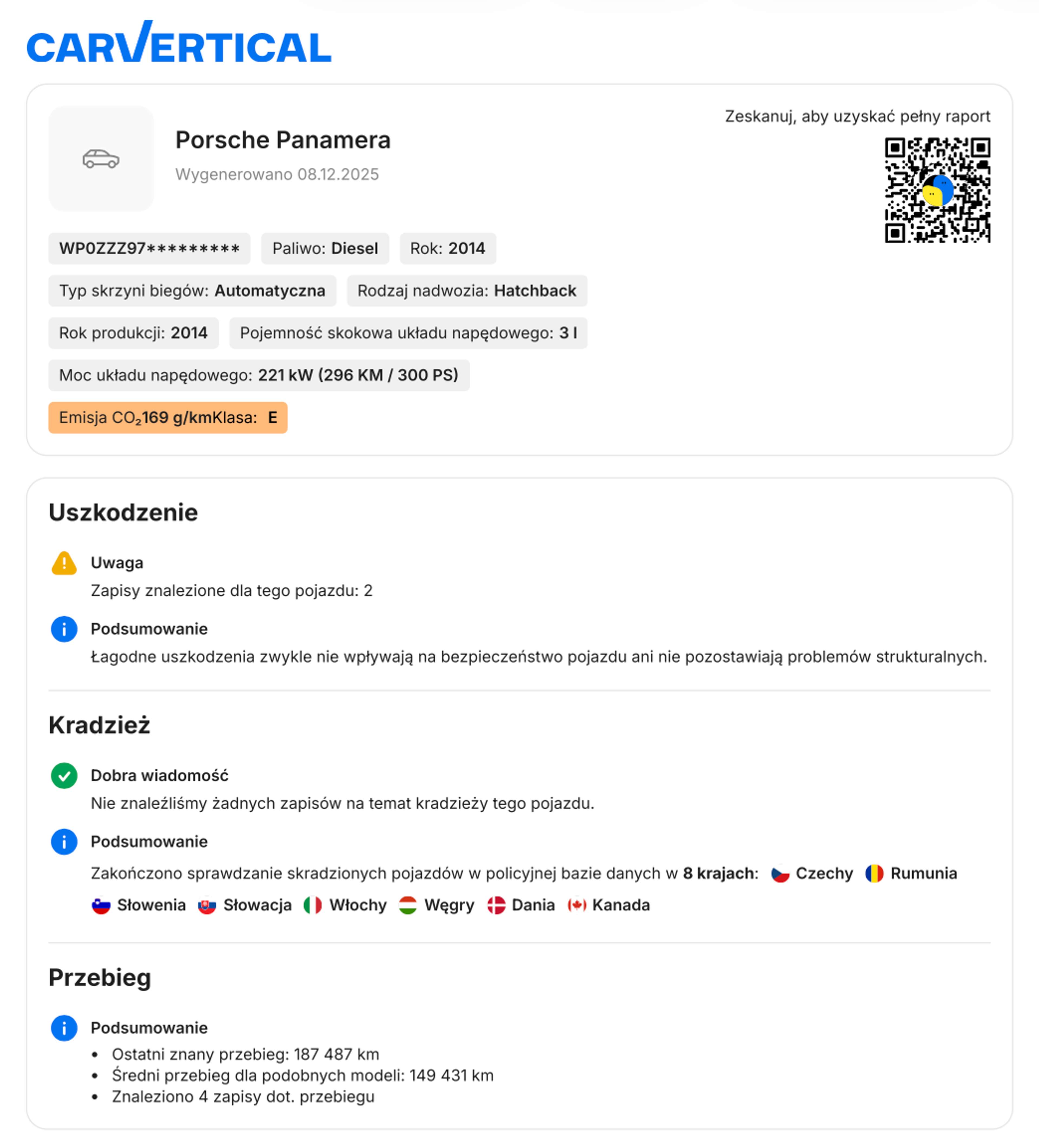 Dane o pojeździe zawarte w jednostronicowym pliku PDF