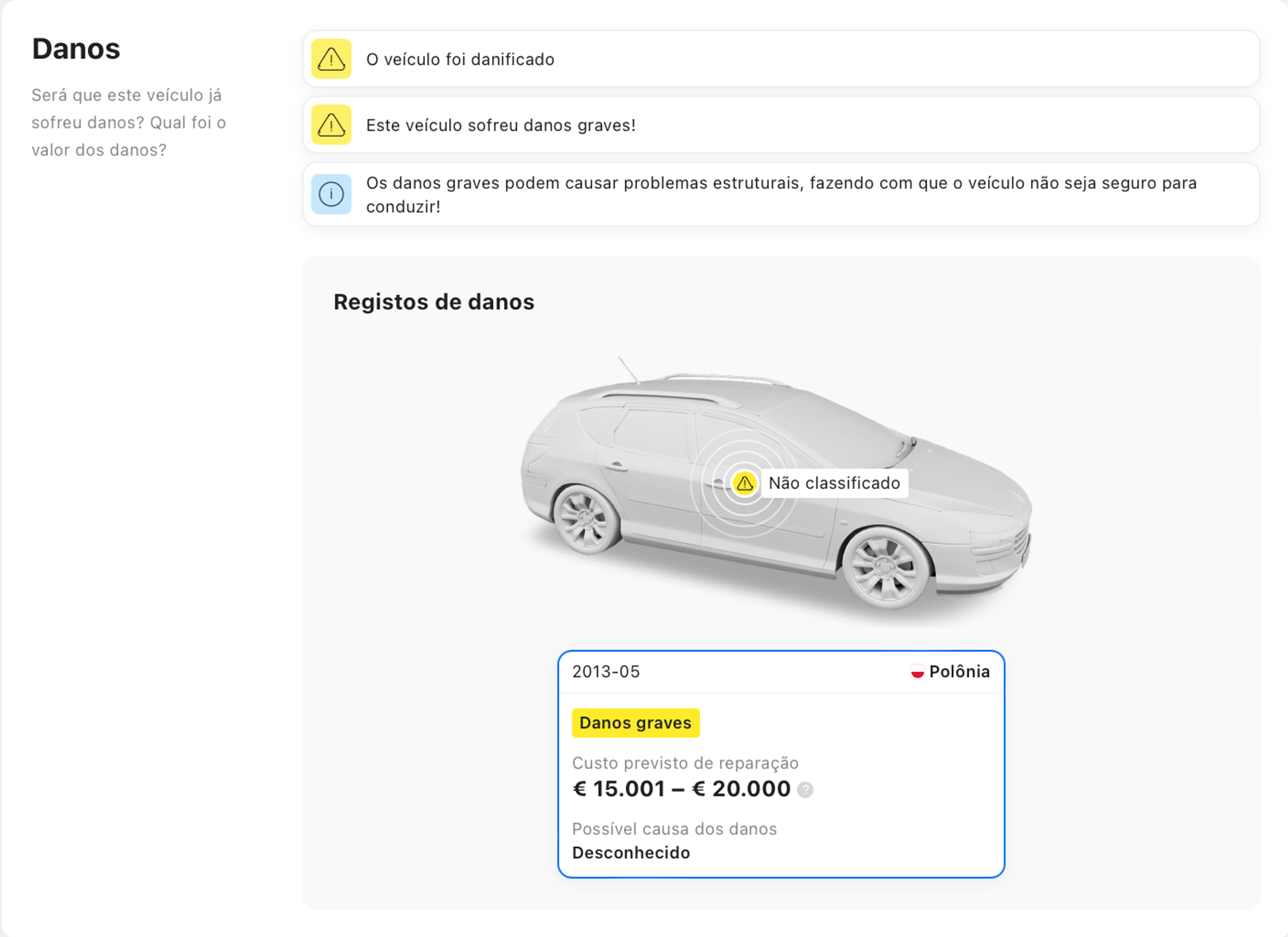 Registros de danos ao carro do relatório de histórico do veículo carVertical