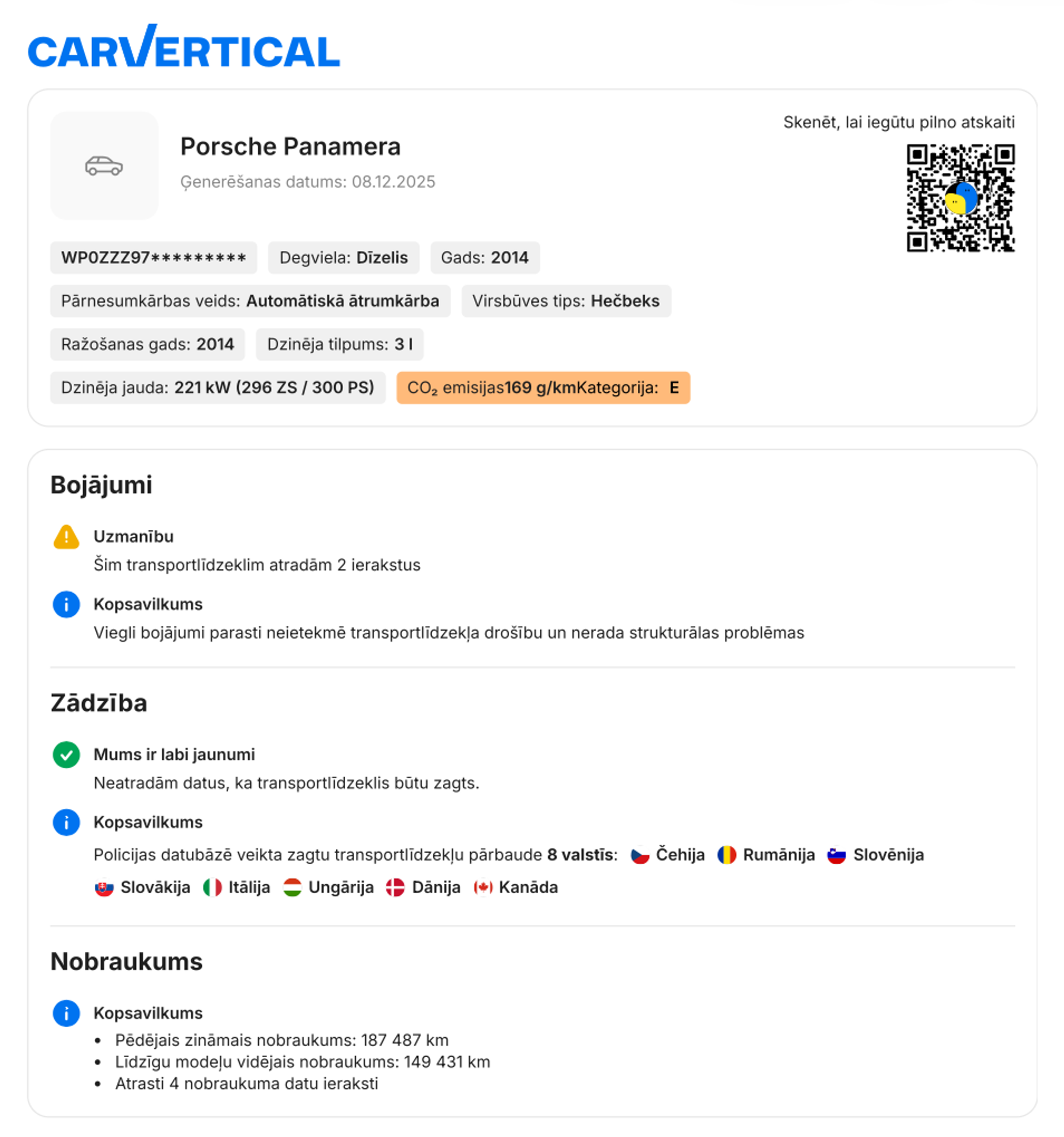 Auto dati, kas iekļauti PDF formāta vienas lappuses kopsavilkumā.