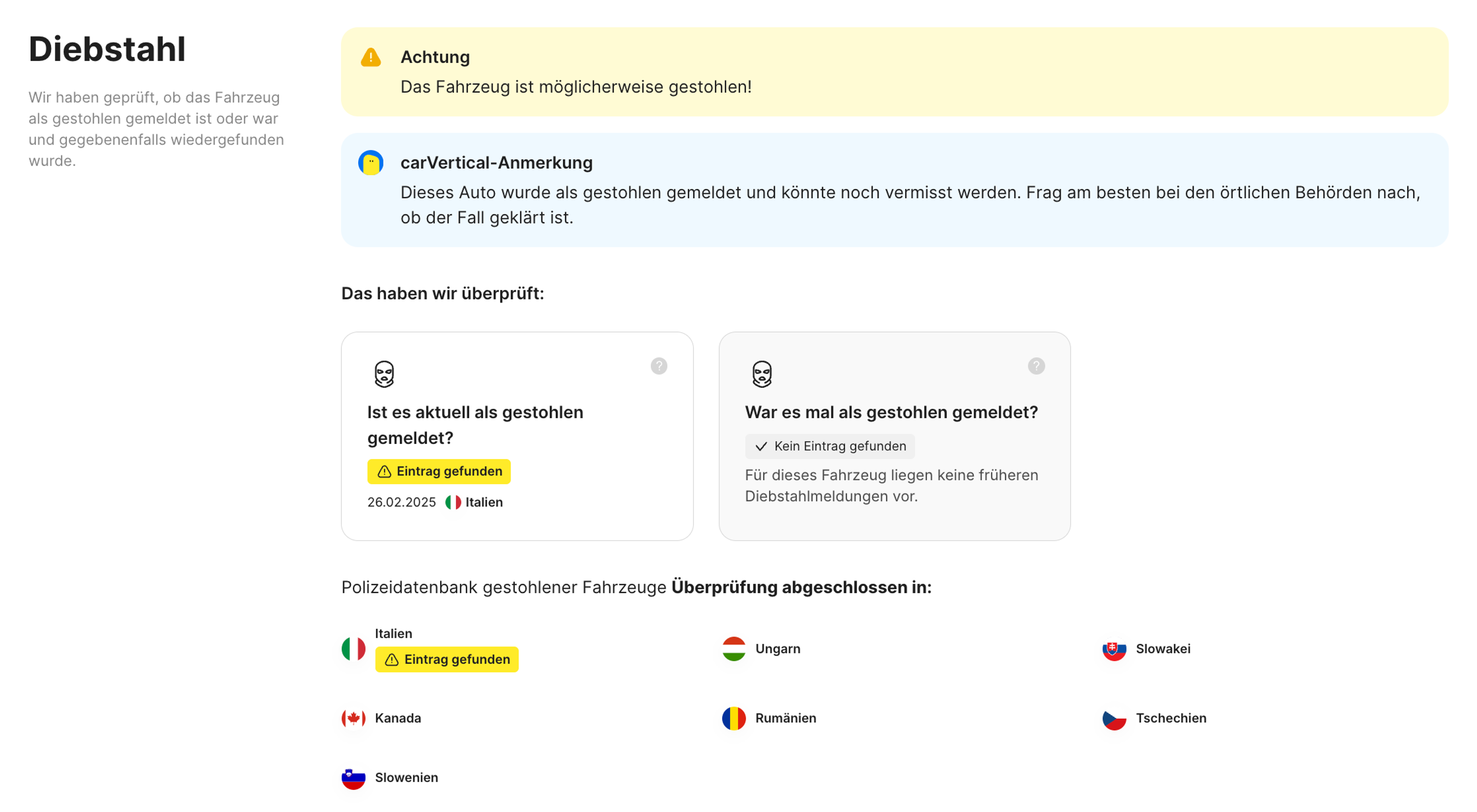 Diebstahleintrag im carVertical-Bericht