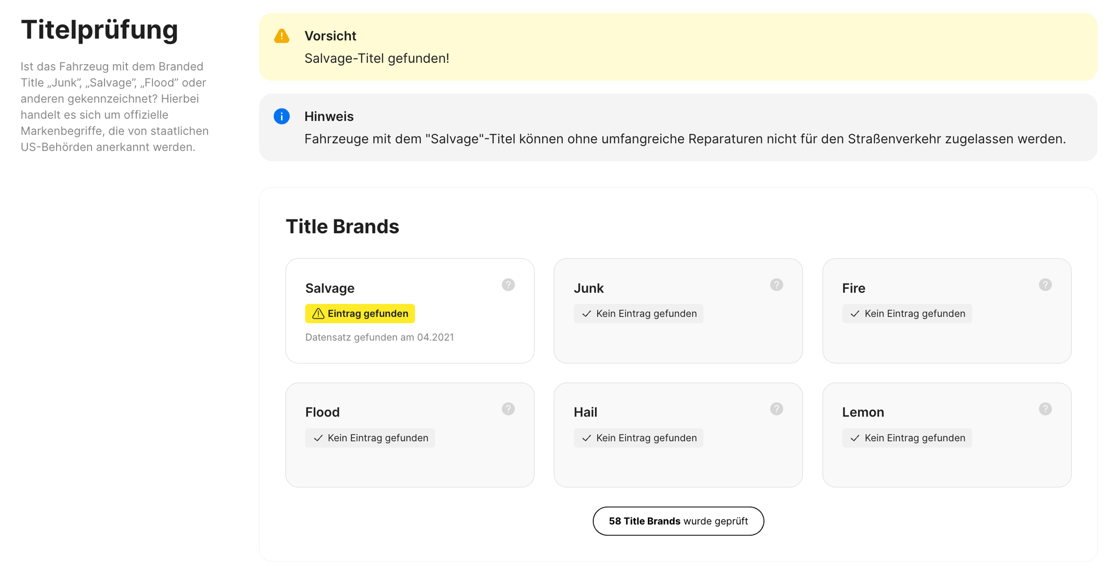 Übersicht über Branded Titles im Fahrzeugbericht