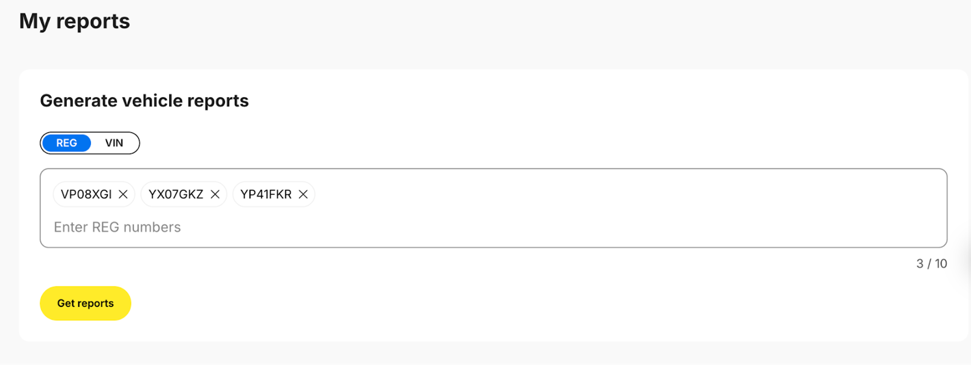 rapportgenerering via registreringsnummer i användarområdet