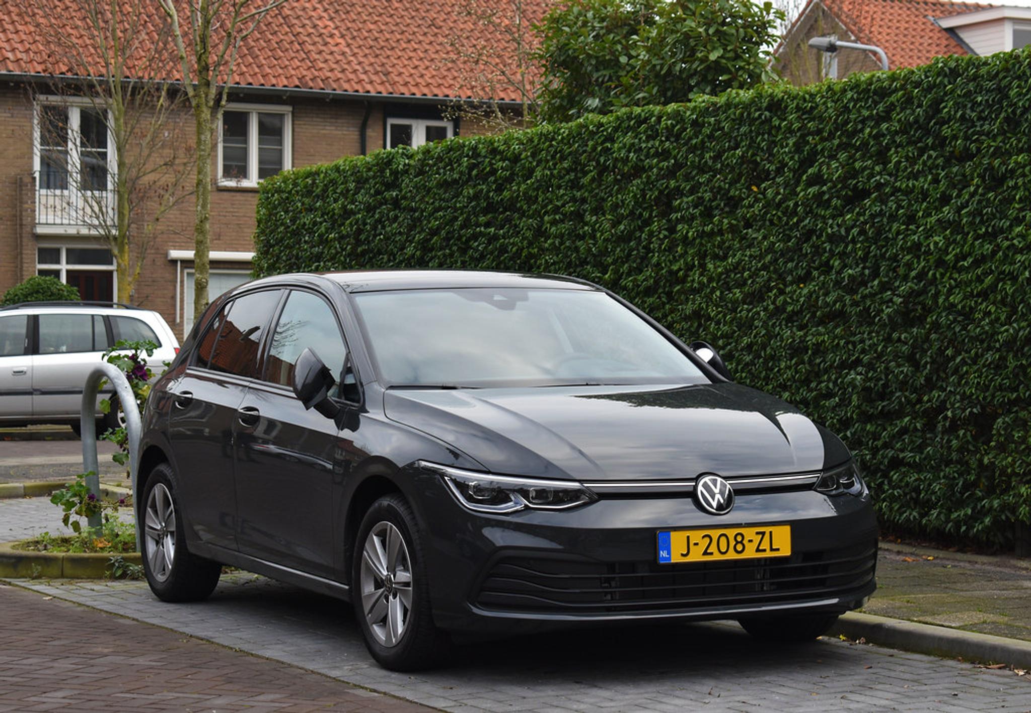 Schwarzer VW Golf MK8 vor einer Hecke geparkt