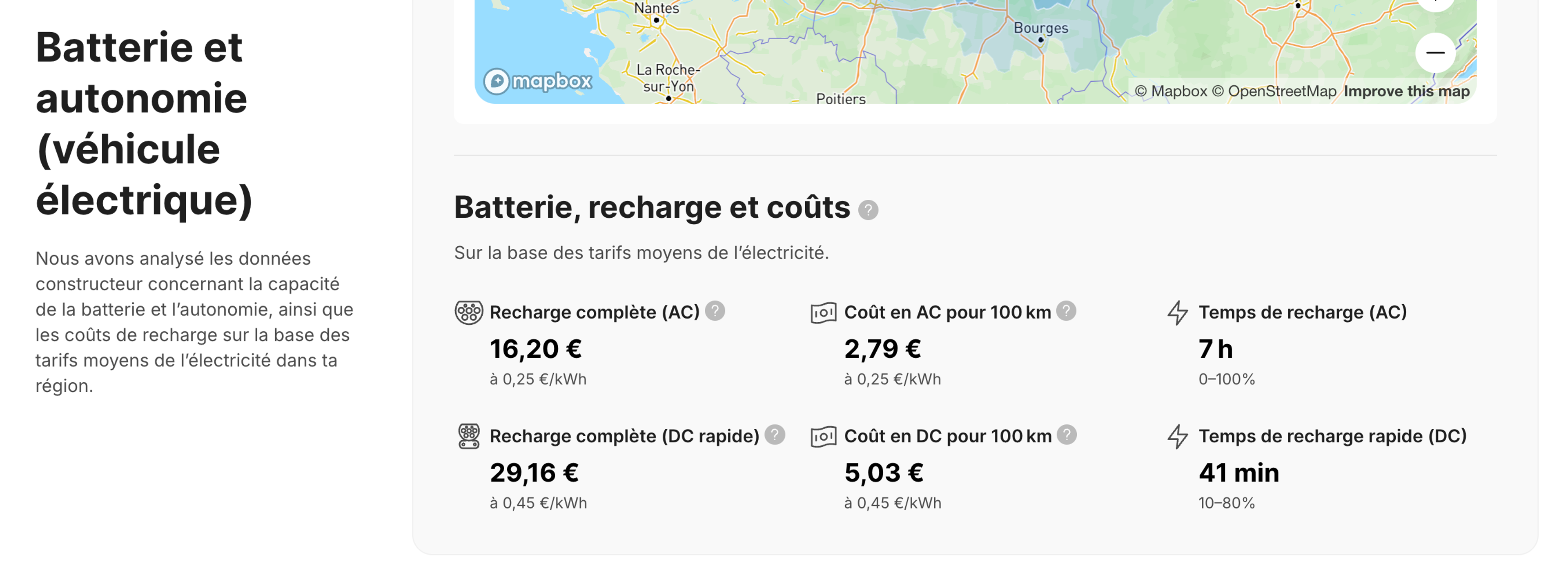 Estimations du temps de recharge et des coûts de recharge dans le rapport du véhicule.