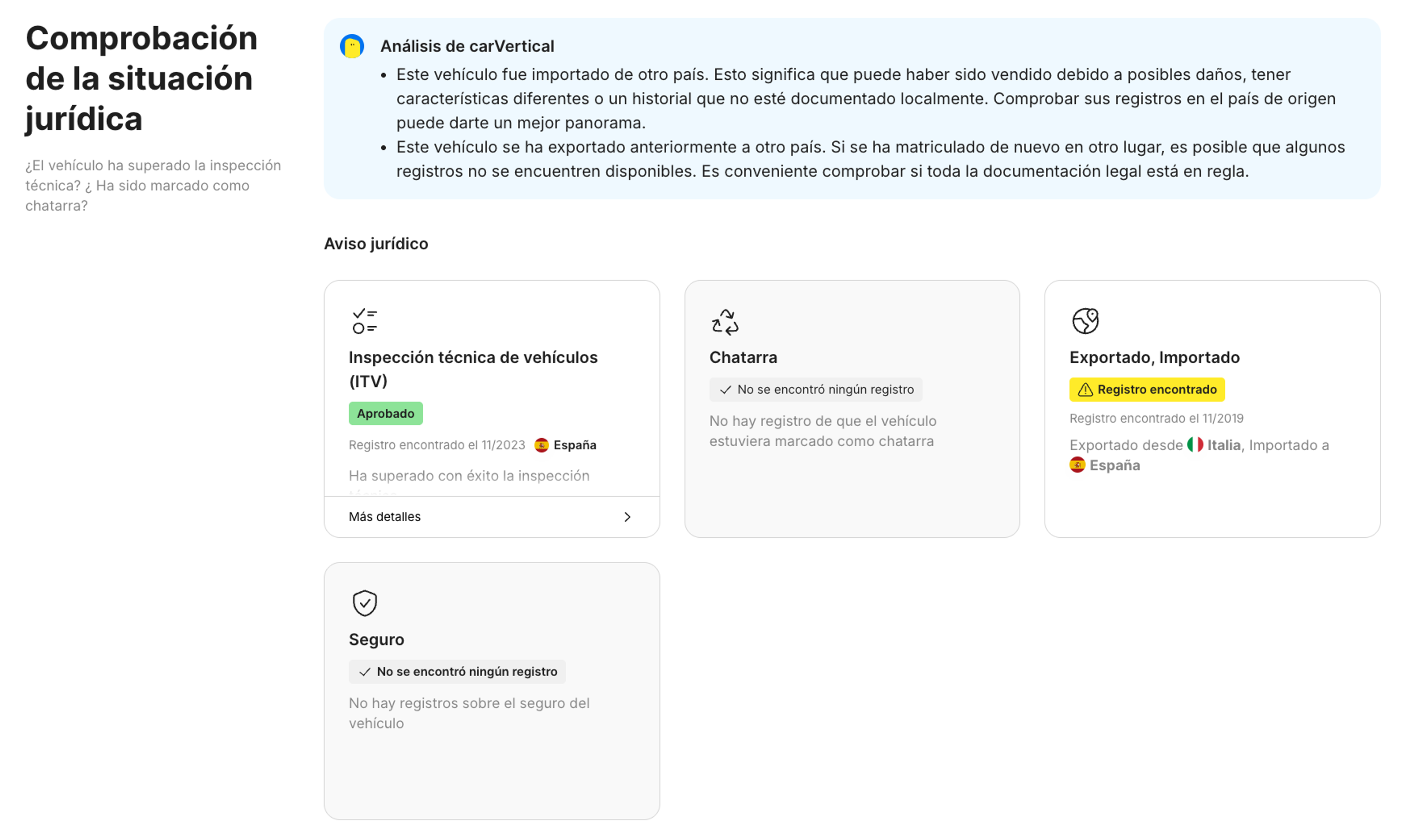 La sección de Comprobación de la situación jurídica