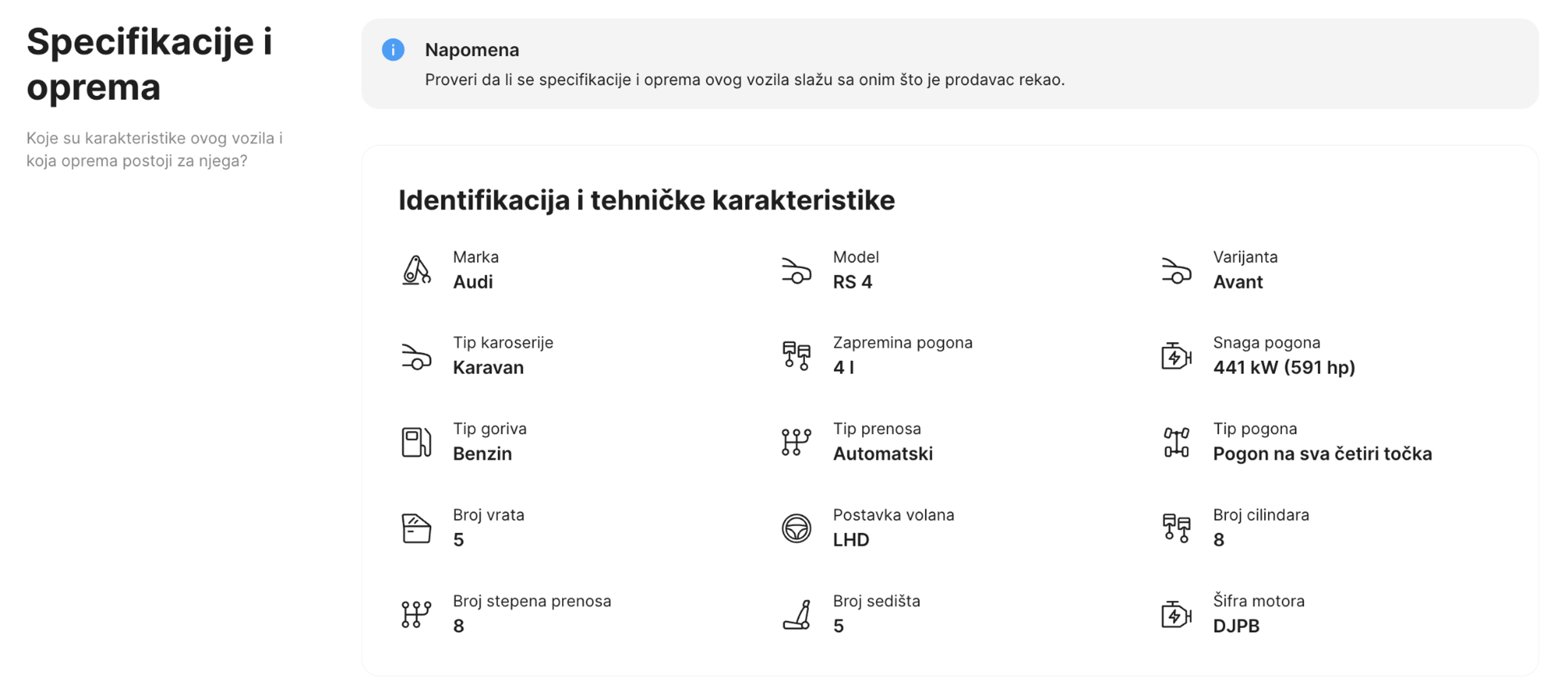 Спецификације и одељак опреме у carVertical извештају
