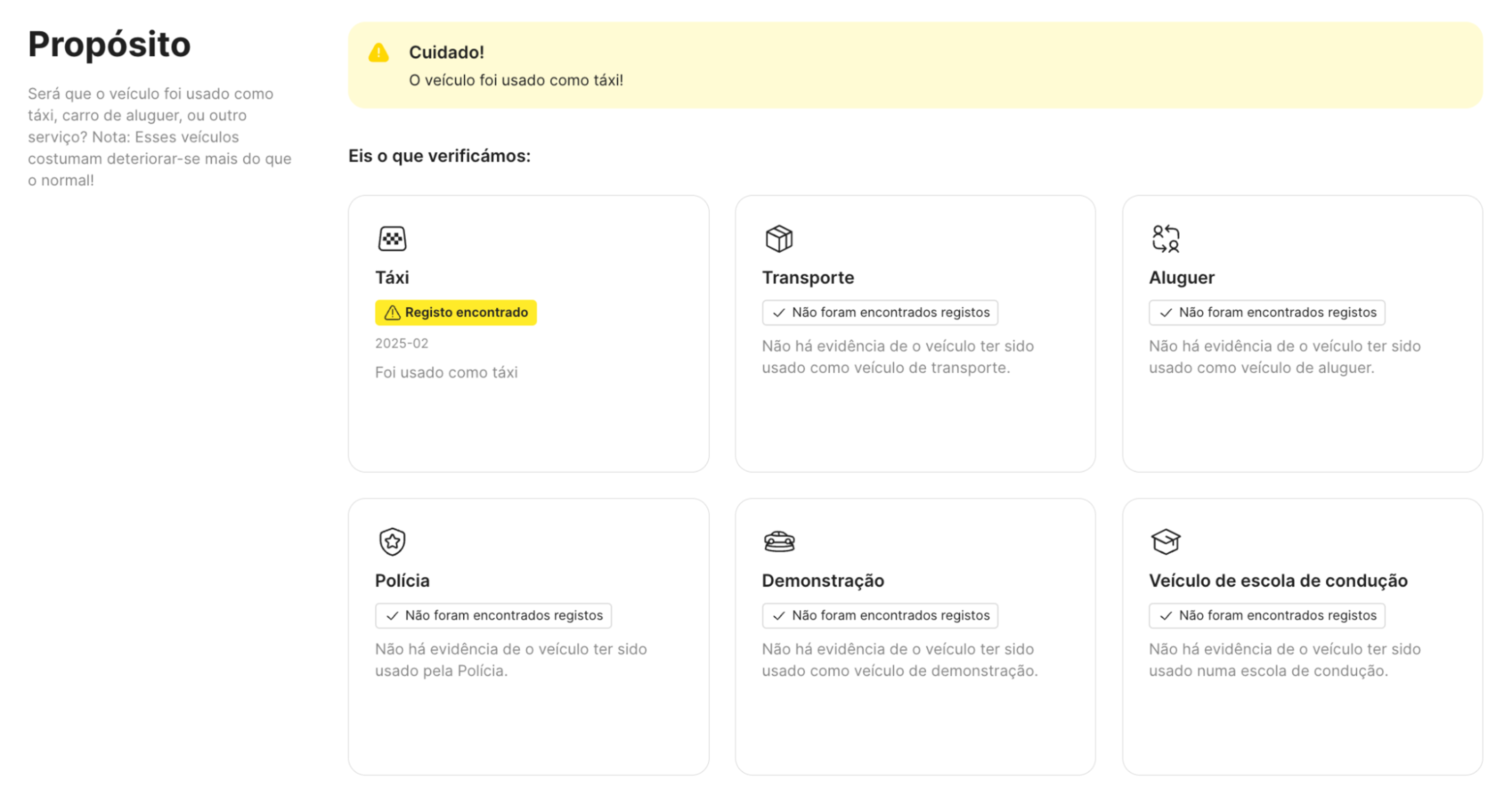 Relatório a indicar que um veículo foi usado como táxi