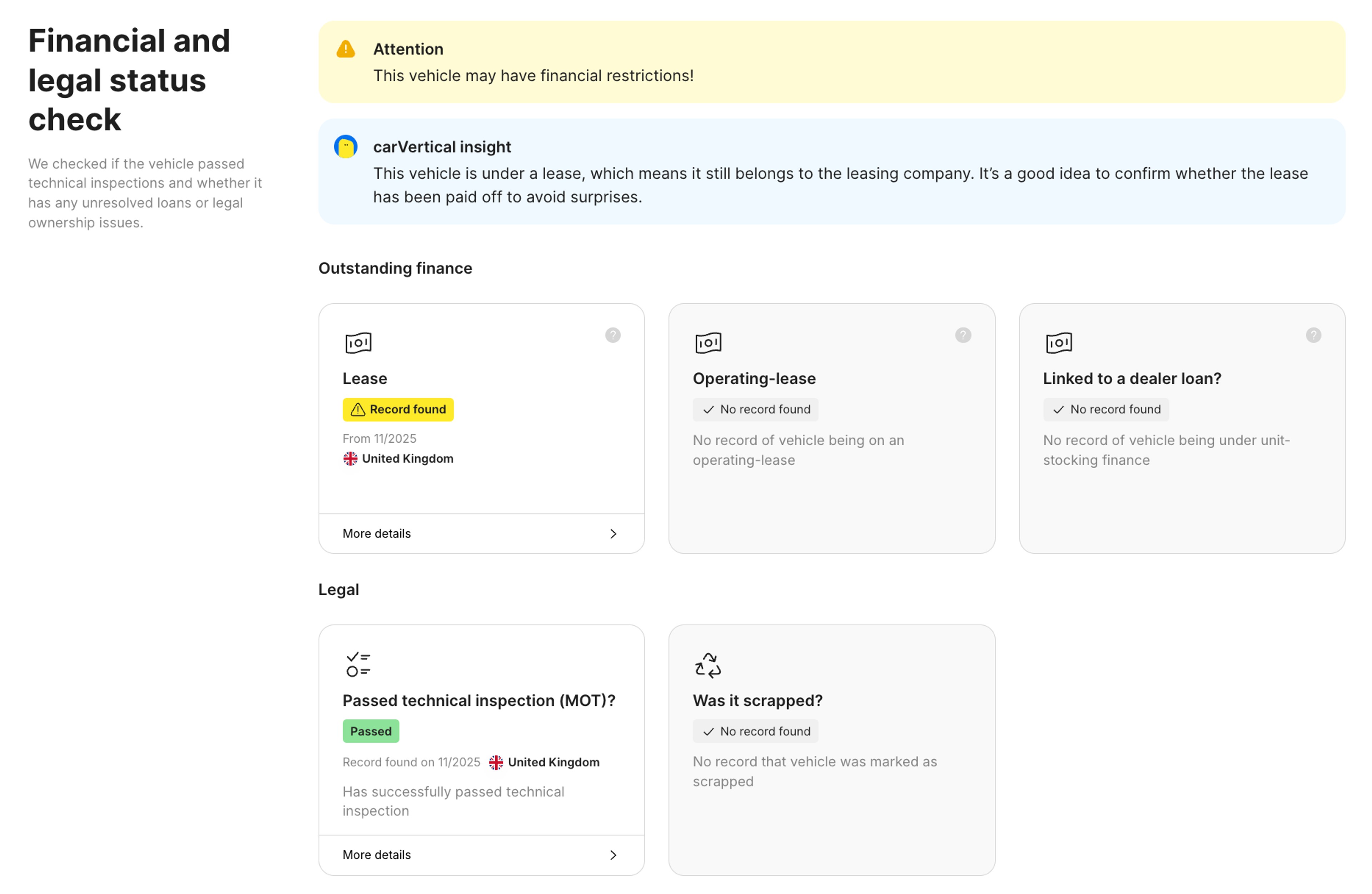 financial and legal status feature in carVertical report