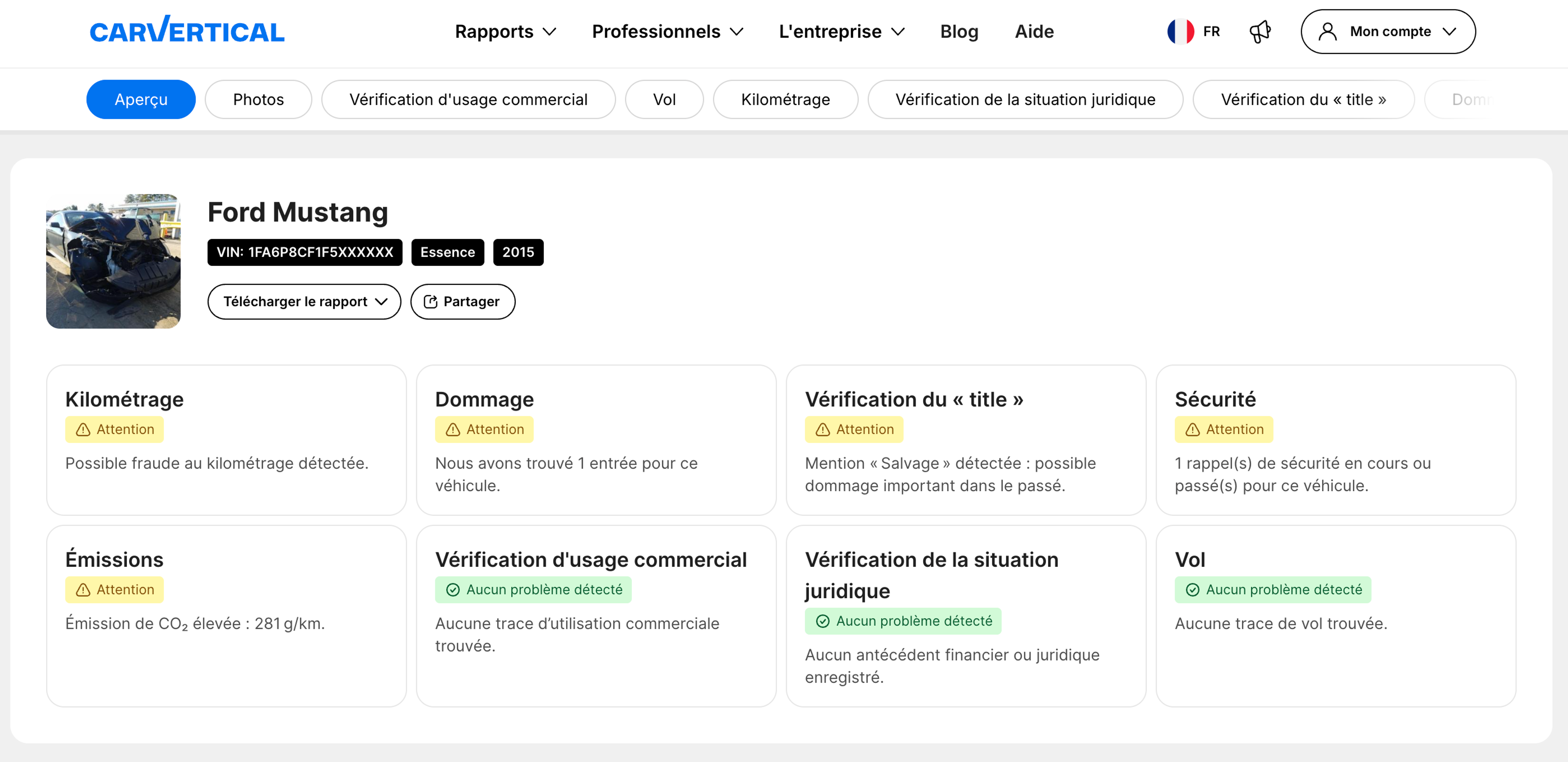 Rapport sur une Ford Mustang par carVertical