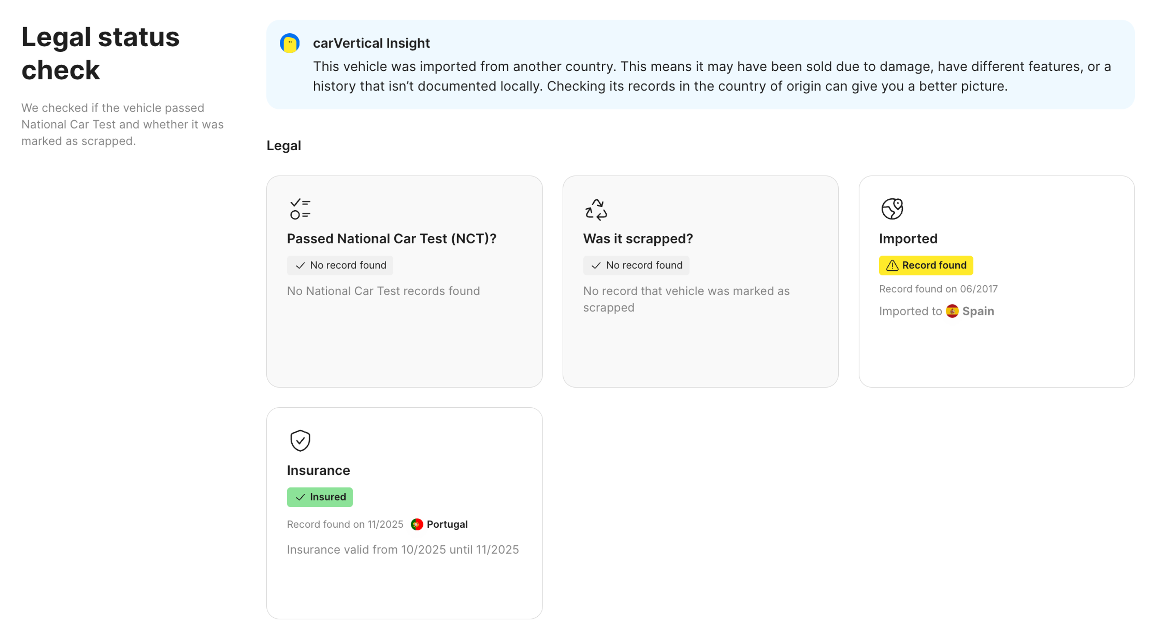 legal status feature in carVertical report