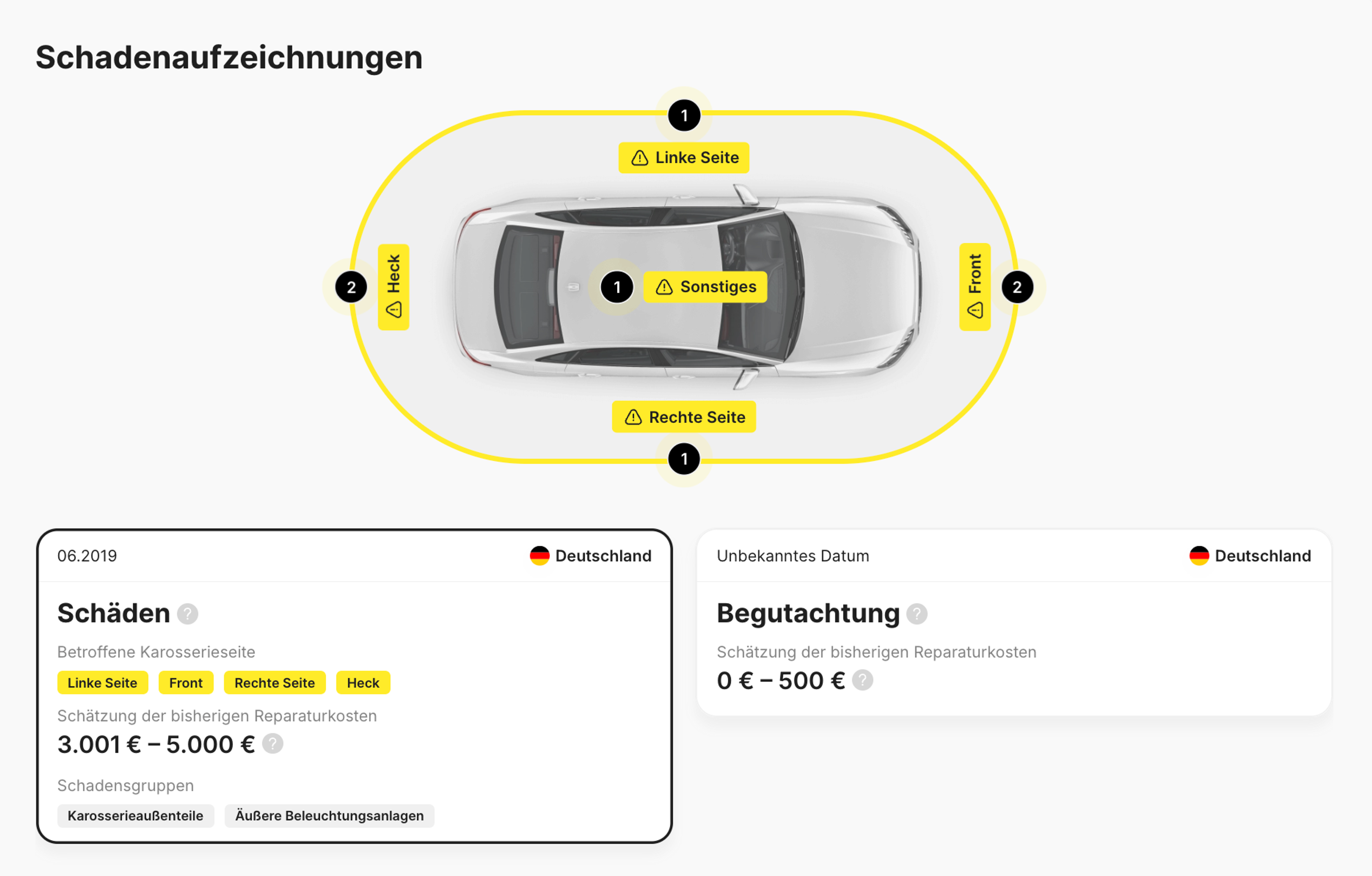 Schadensaufzeichnungen im carVertical-Bericht