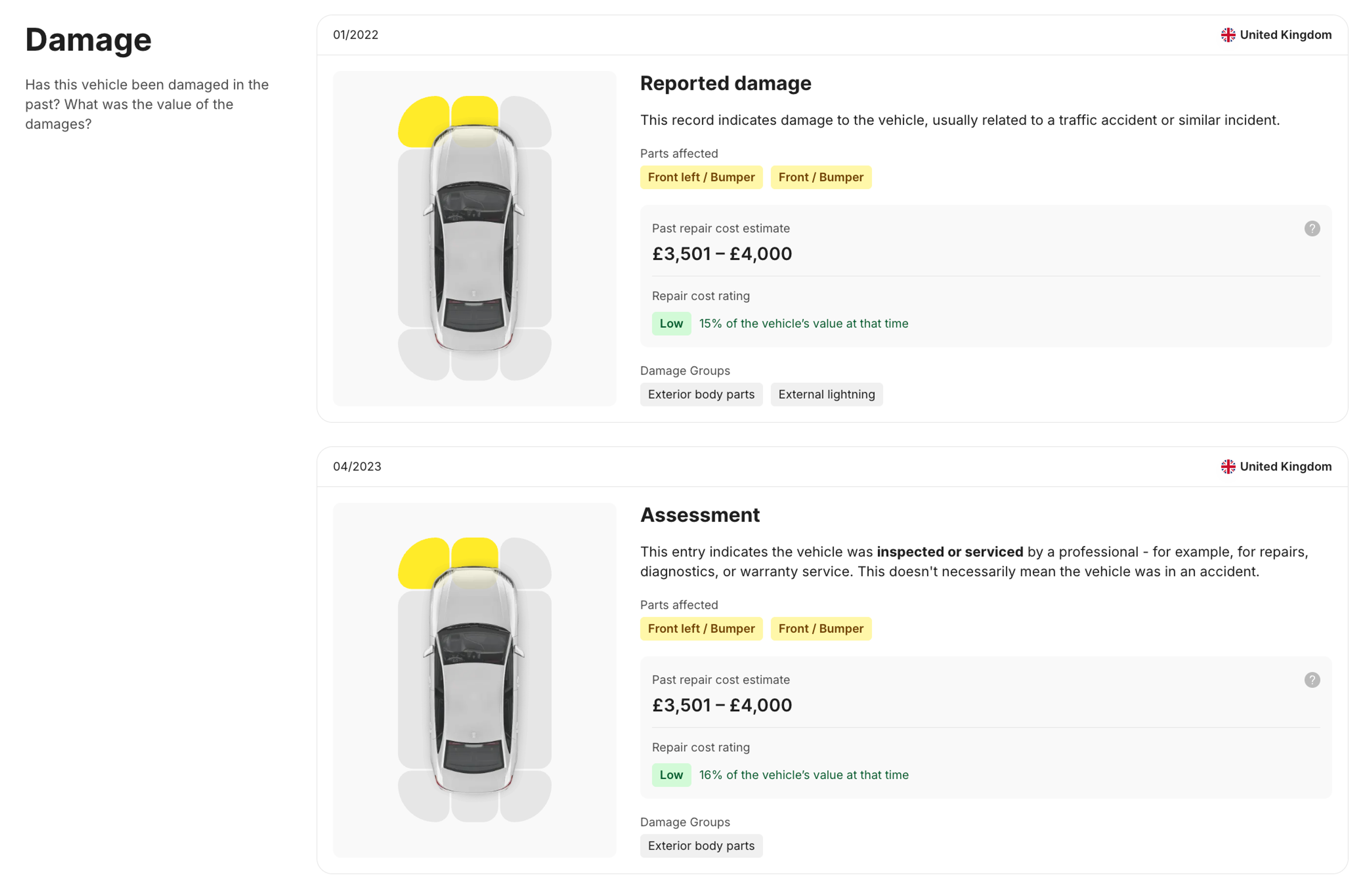 Car damage records in the Damage section of the carVertical report